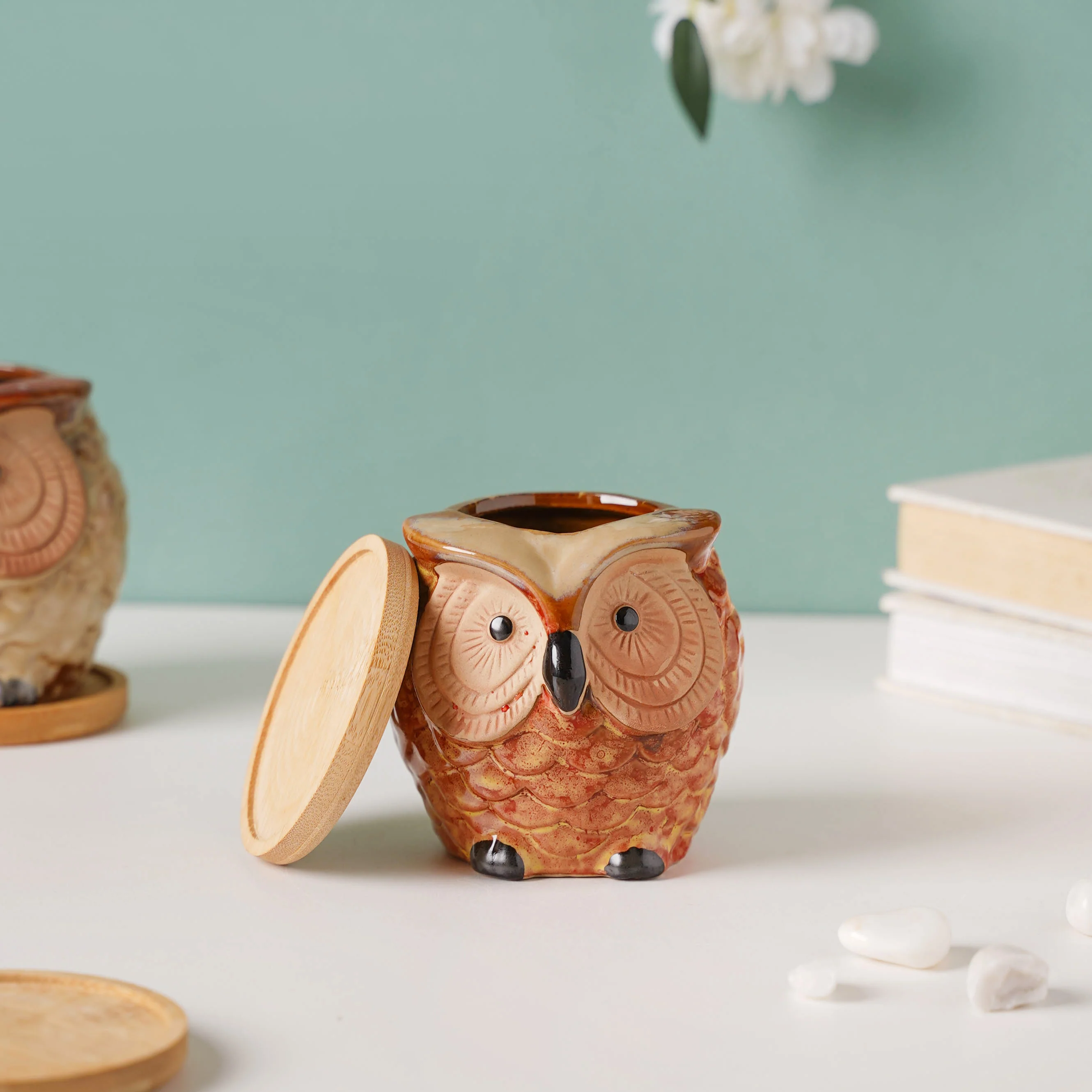 Orange Owl Ceramic Planter With Wooden Coaster - Image 5