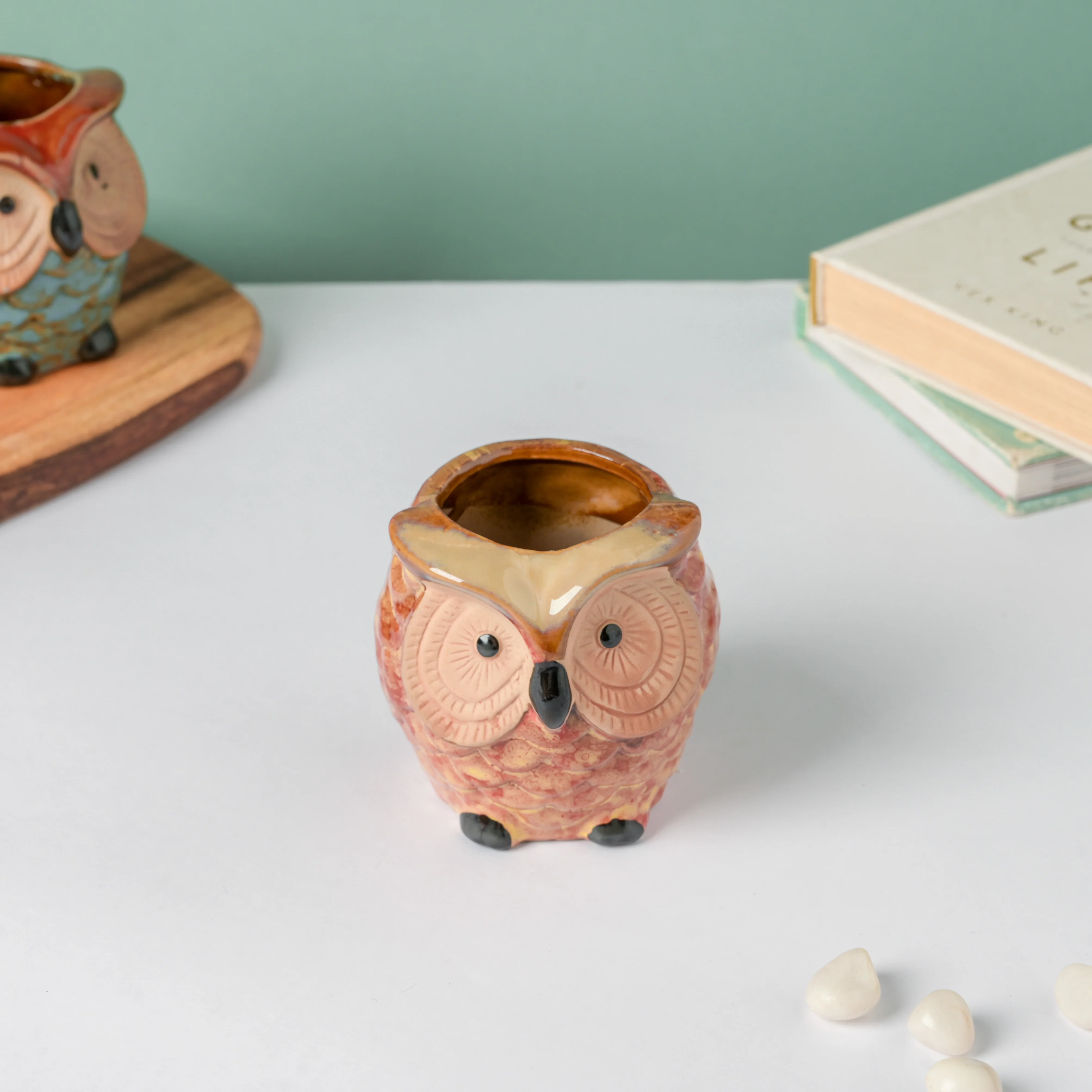 Orange Owl Ceramic Planter With Wooden Coaster - Image 9