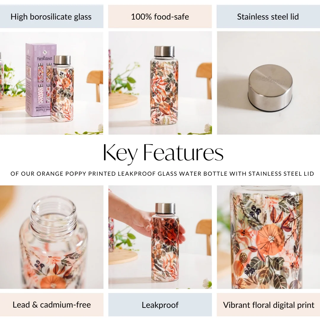 Orange Poppy Printed Leakproof Glass Water Bottle With Stainless Steel Lid 500ml - Image 6