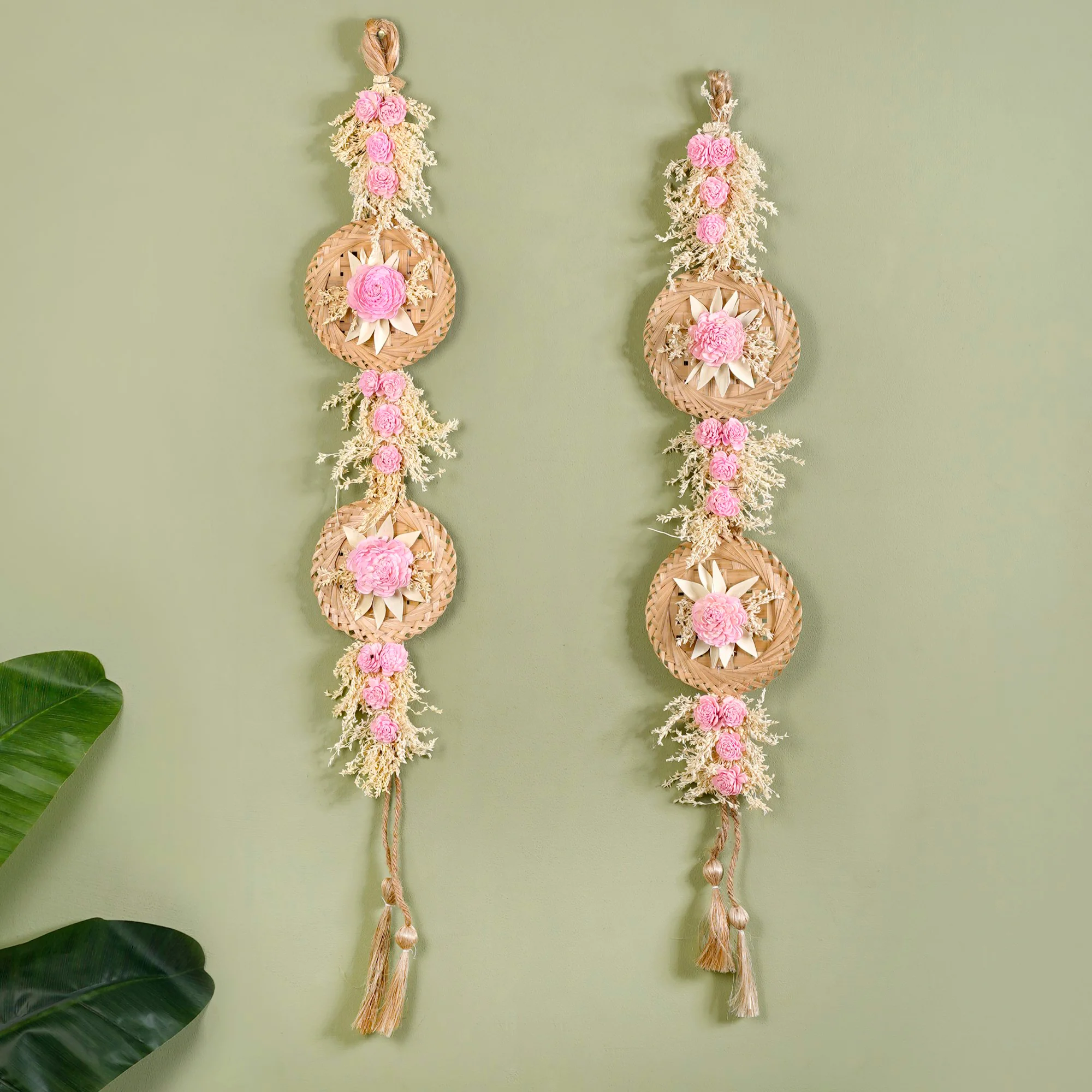 Organic Dried Grass Wall Hanging Light Pink Set Of 2