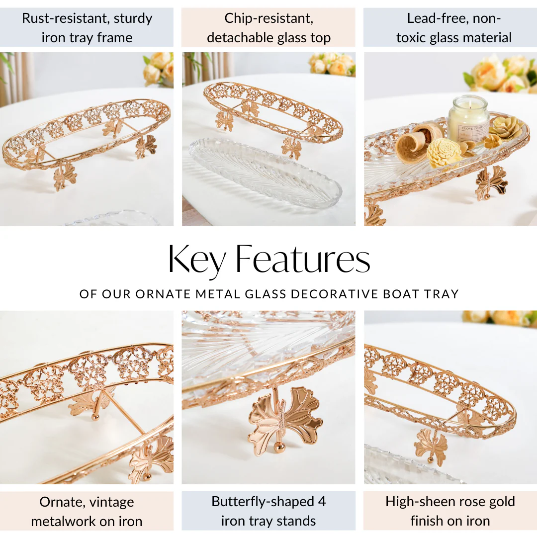 Ornate Metal Glass Decorative Boat Tray - Image 5