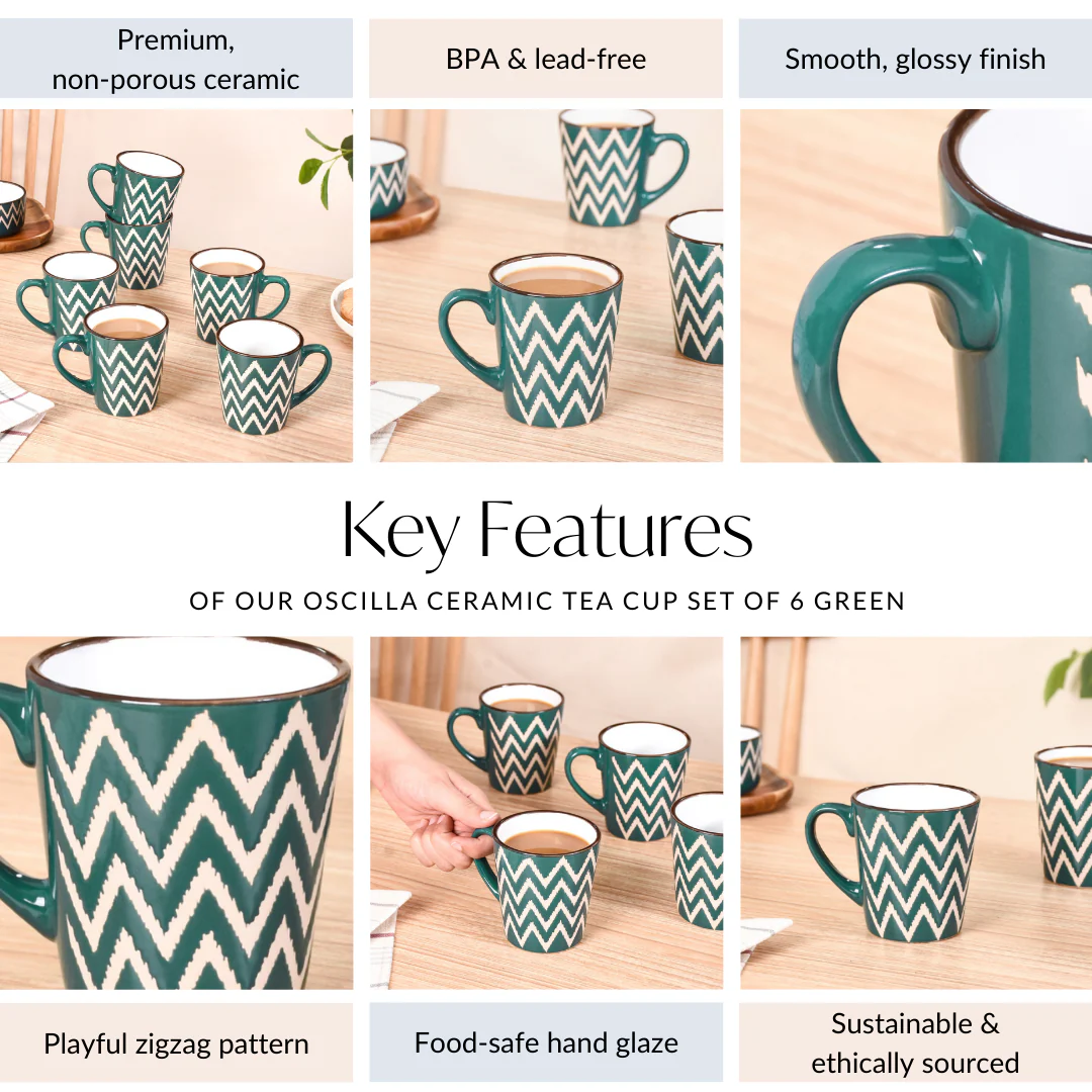 Oscilla Ceramic Tea Cup Set Of 6 Green 250ml - Image 5