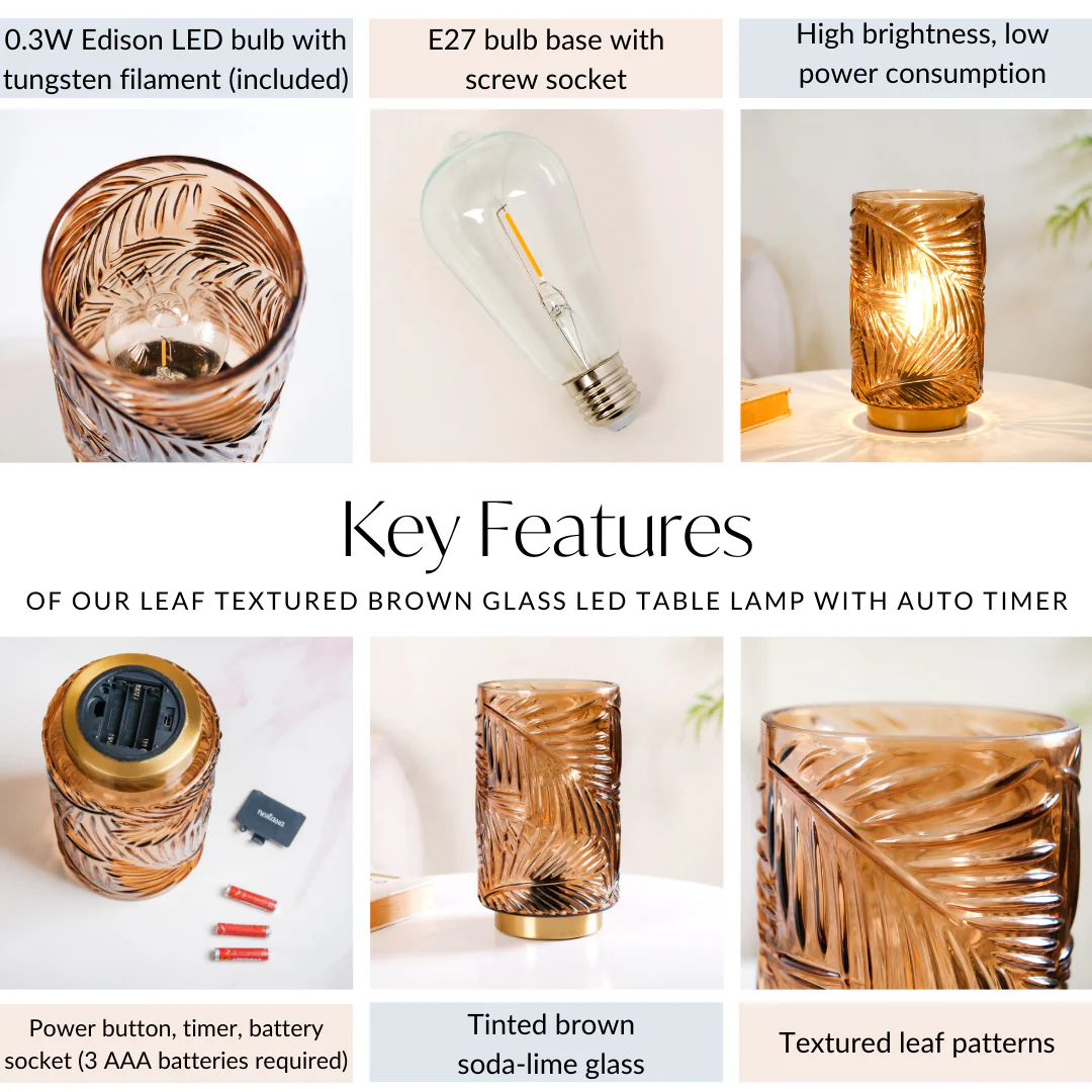 Palm Leaf Brown Glass LED Table Lamp With Auto Timer - Image 5