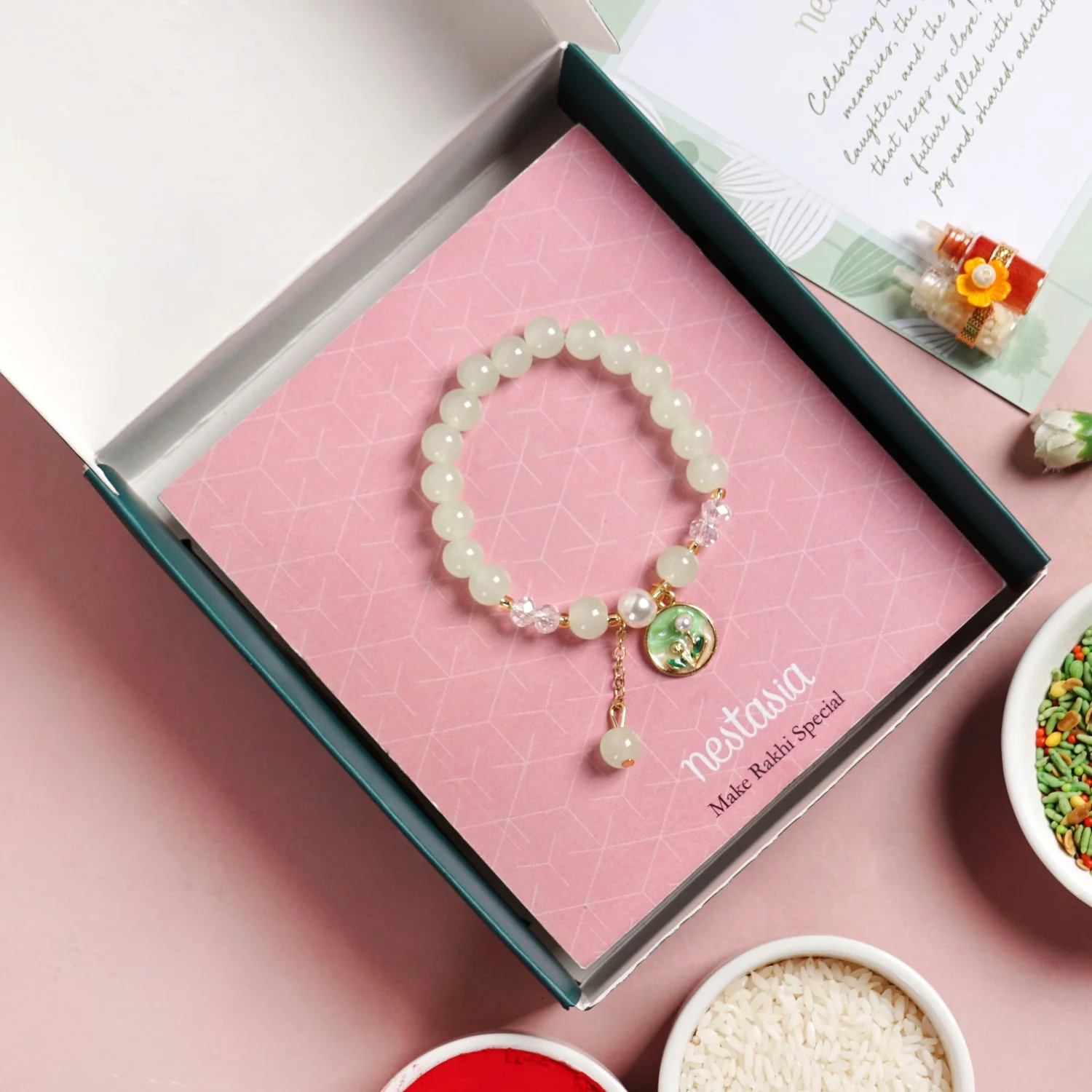 Pastel Green Bracelet Rakhi Gift Set - Image 5
