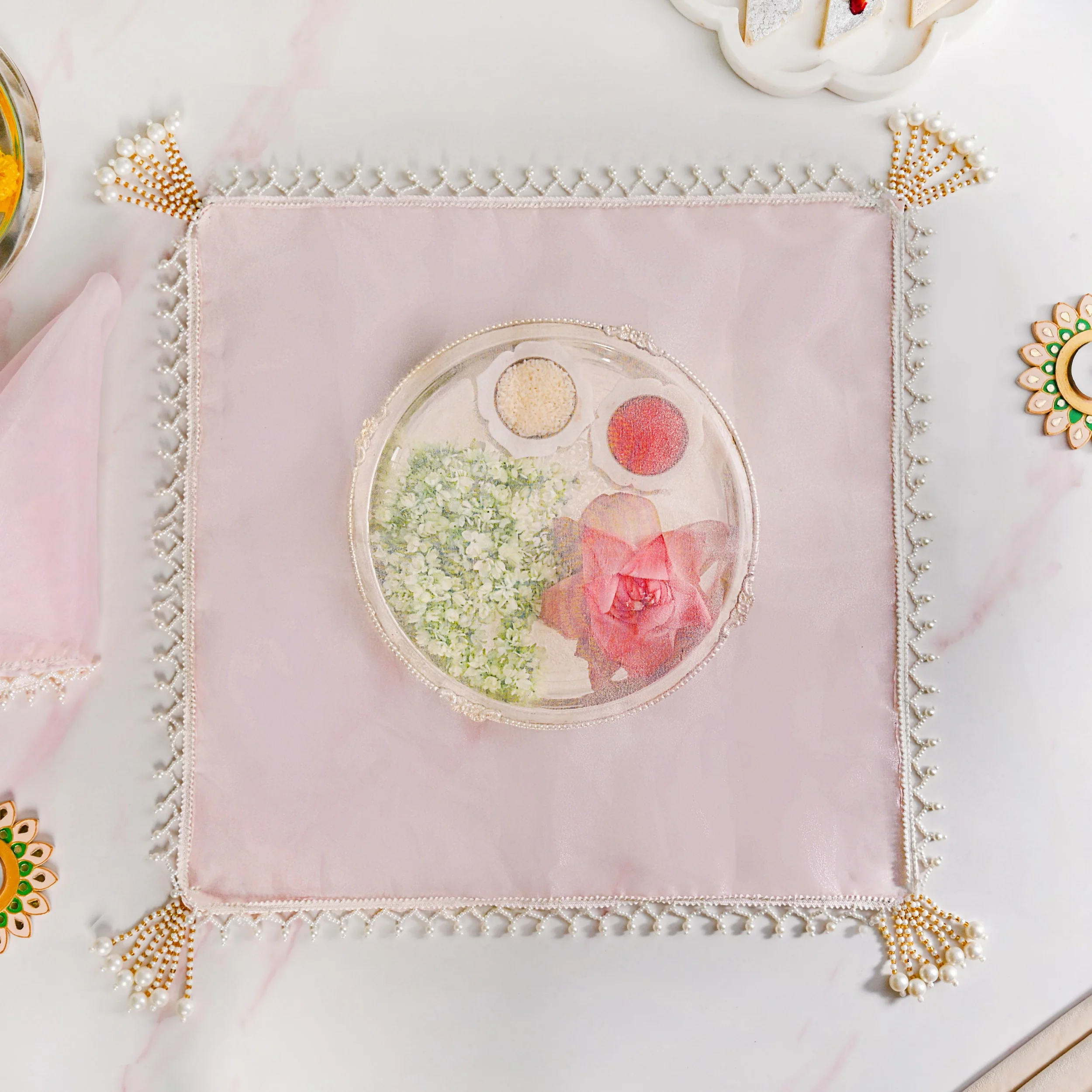 Pastel Pink Tray Cover With Tassels Set Of 2 - Image 7