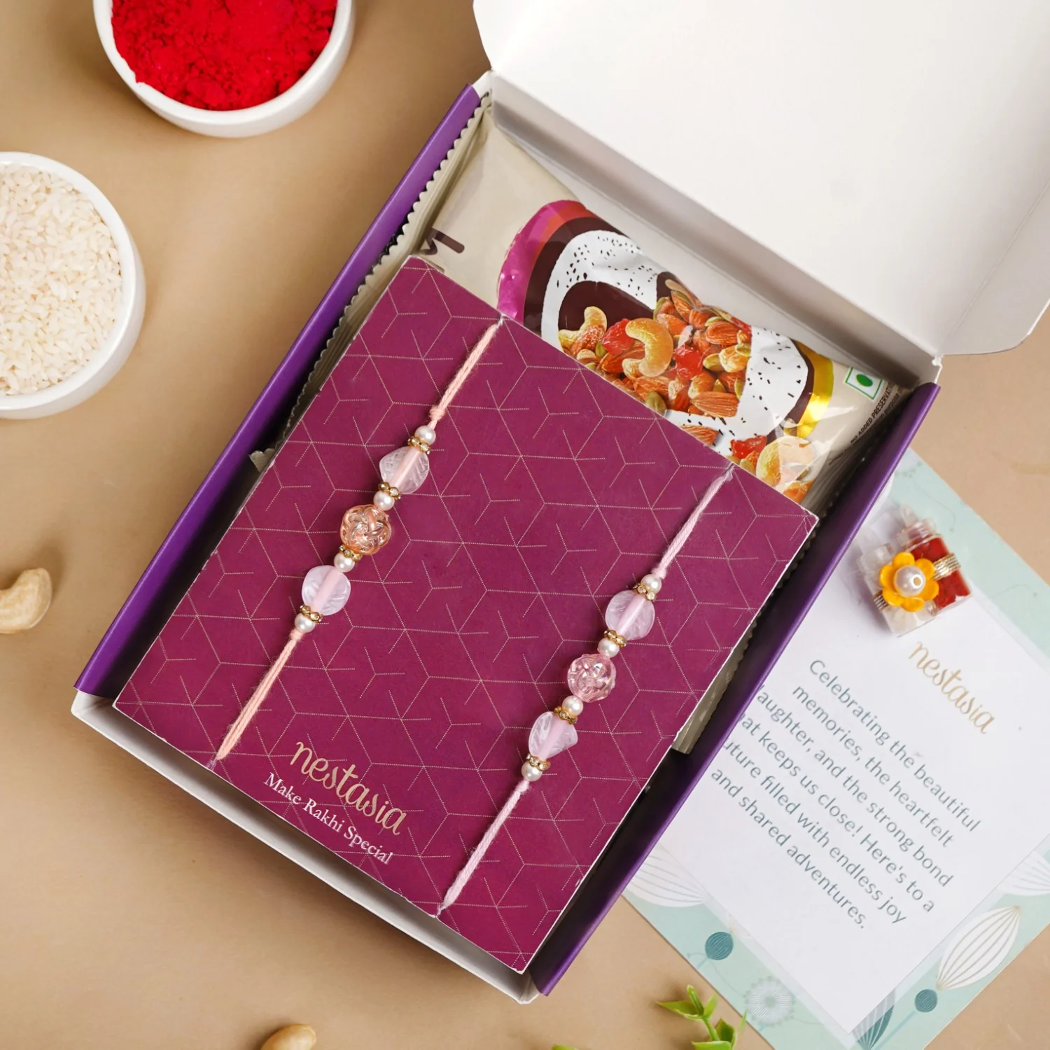 Peach and Pink Beaded Rakhi Set Of 2 - Image 5