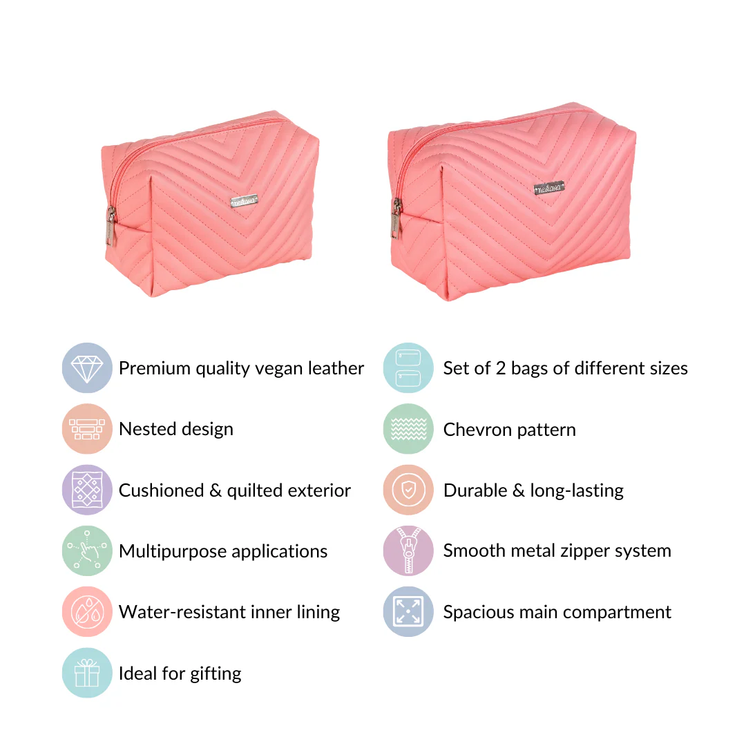 Peach Pink Vegan Leather Makeup Pouch Set Of 2 - Image 4