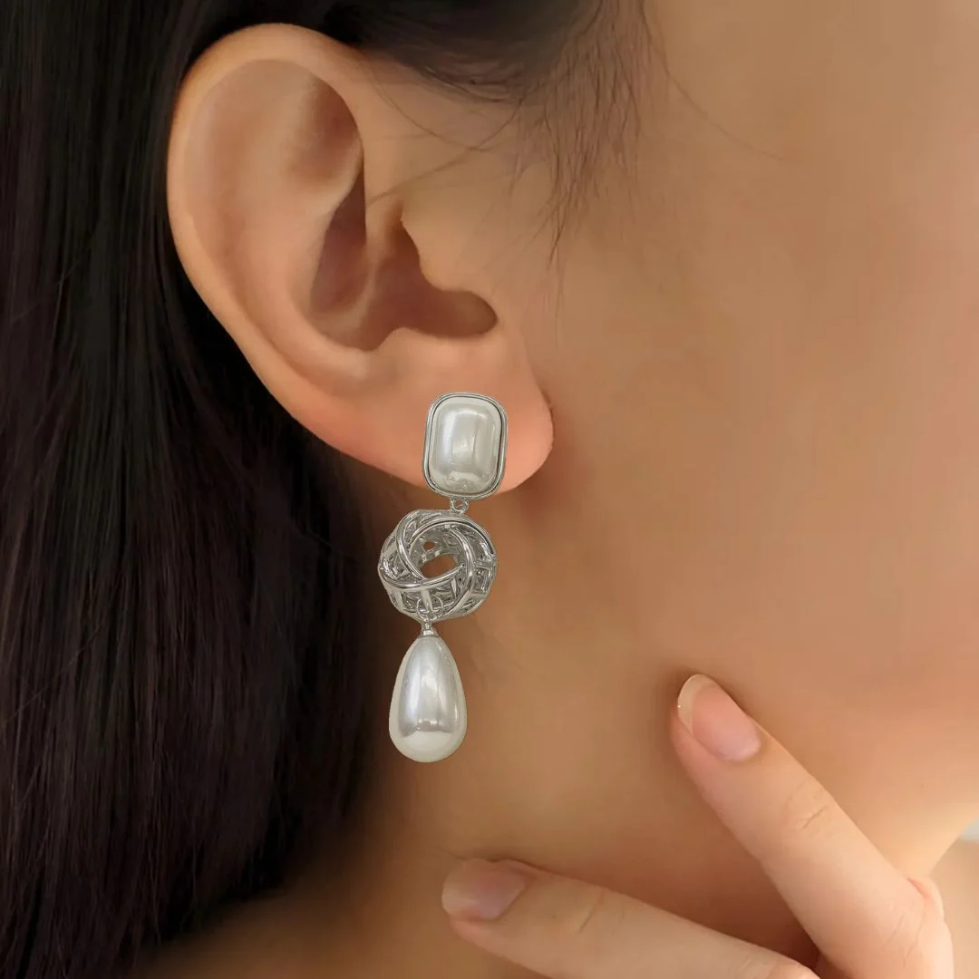Pearl And Silver Overlapping Ring Danglers - Image 2