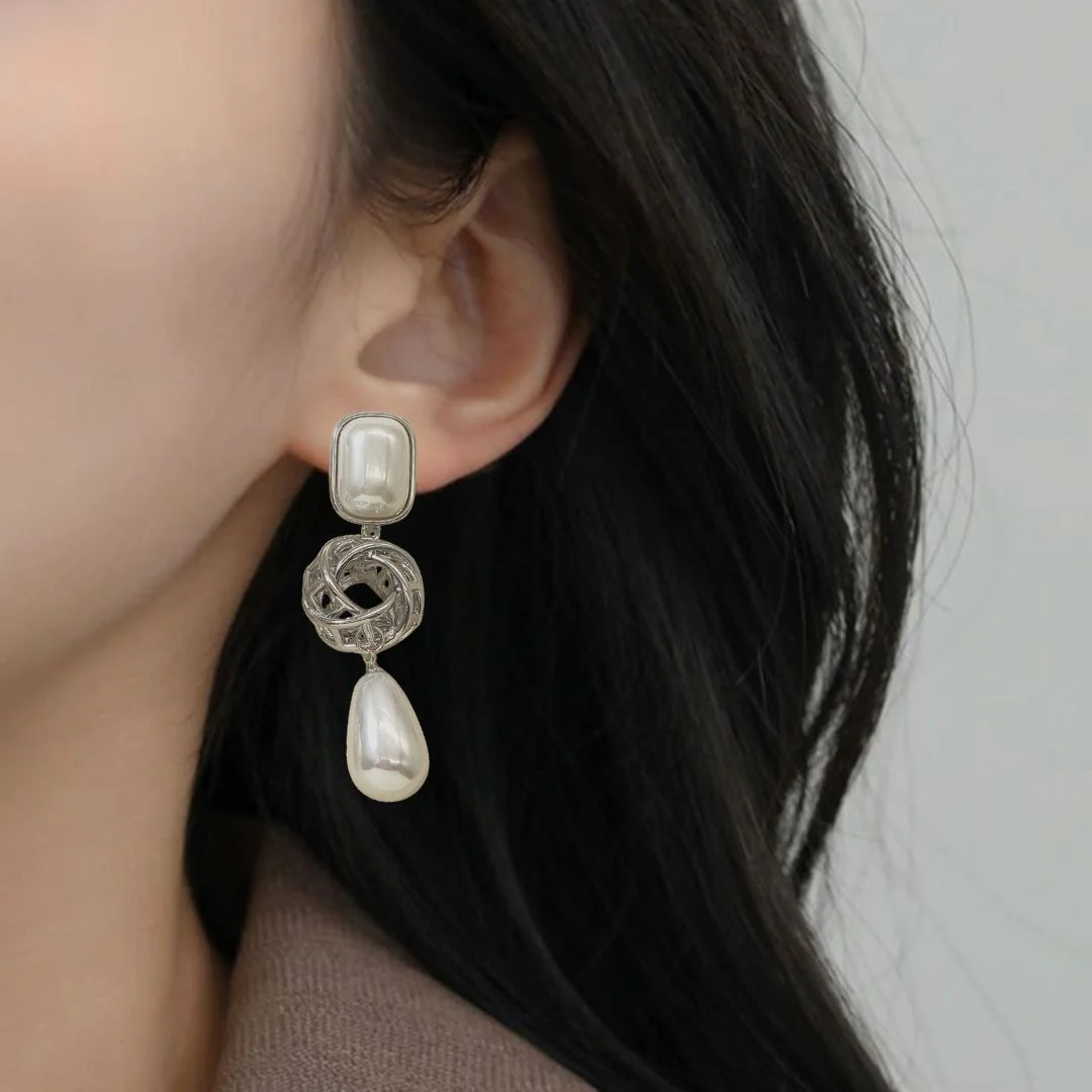 Pearl And Silver Overlapping Ring Danglers - Image 5