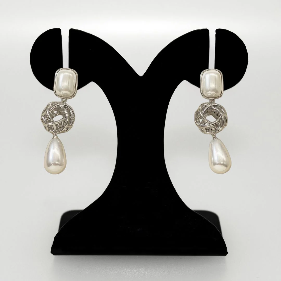 Pearl And Silver Overlapping Ring Danglers - Image 6