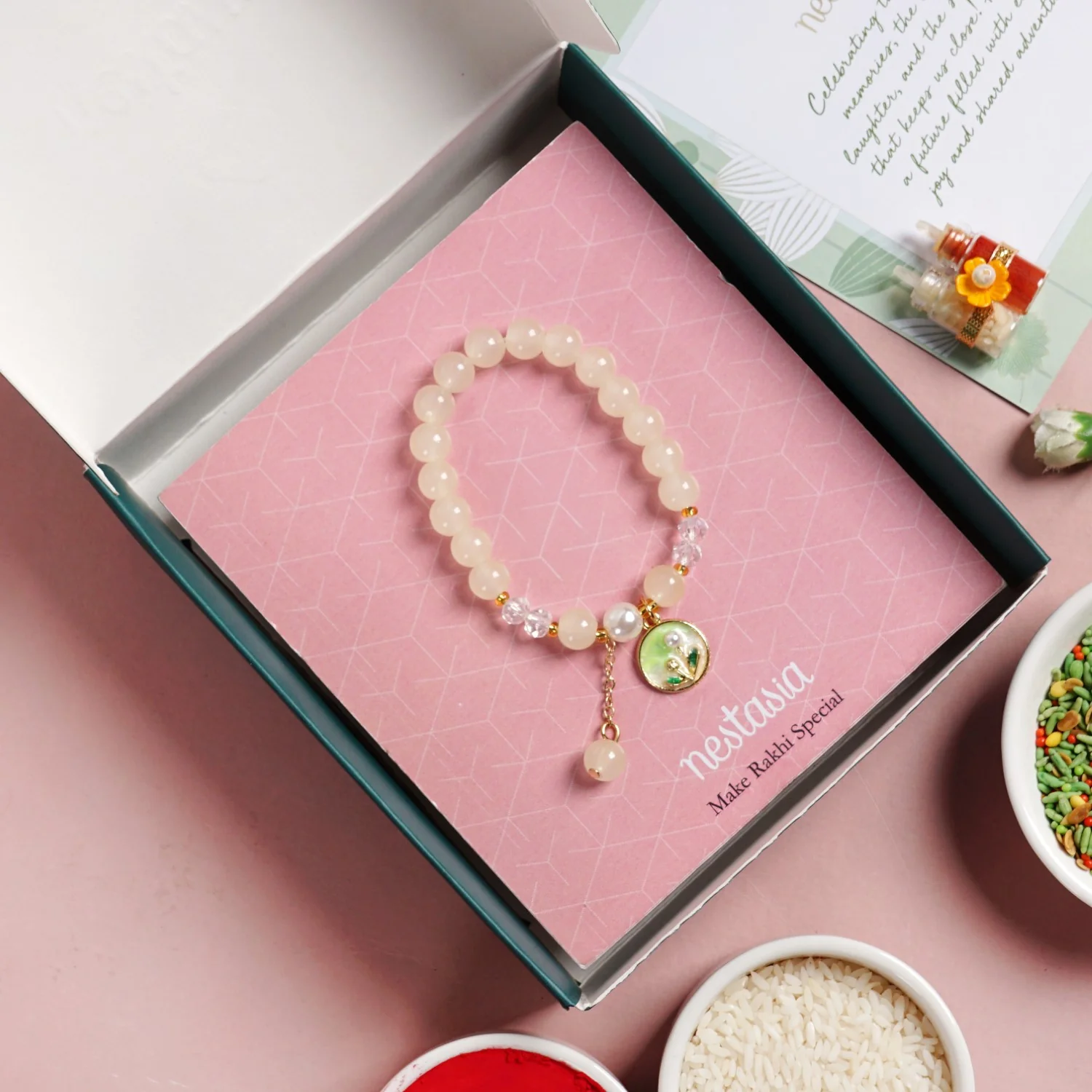 Pearl White Bracelet Rakhi Gift Set - Image 5