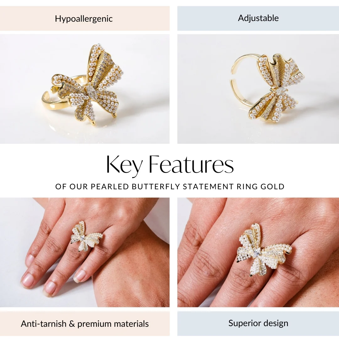 Pearled Butterfly Statement Ring Gold - Image 4