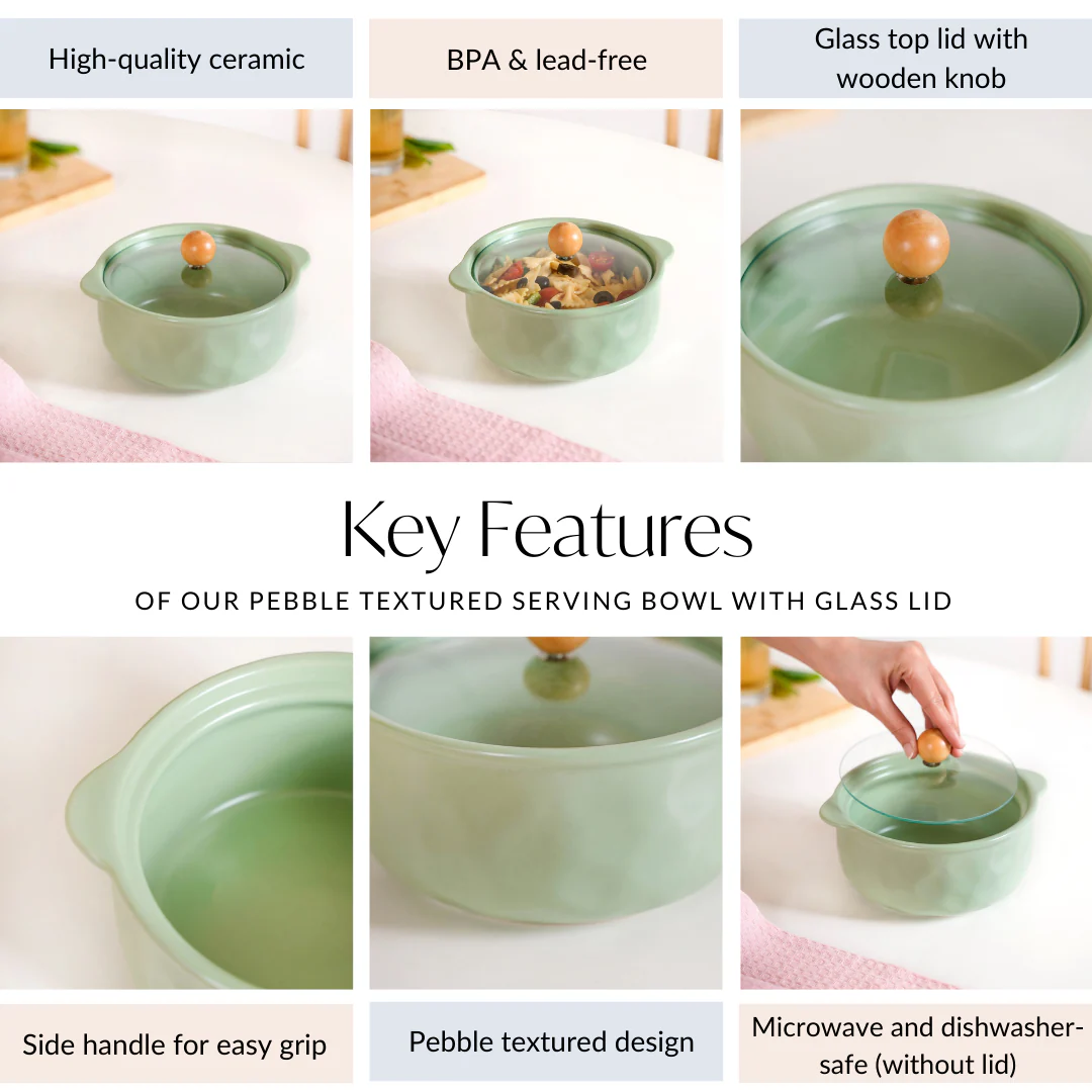 Pebble Textured Serving Bowl With Glass Lid 950ml - Image 5