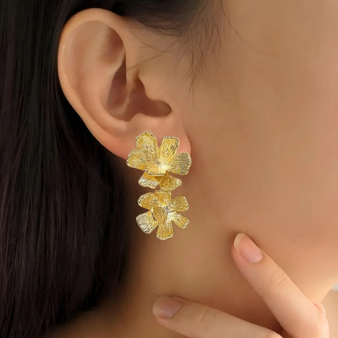 Peony Bloom Gold Drop Earrings - Image 2