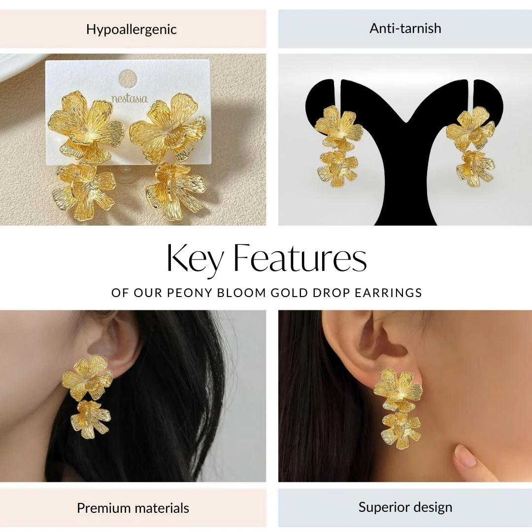 Peony Bloom Gold Drop Earrings - Image 4