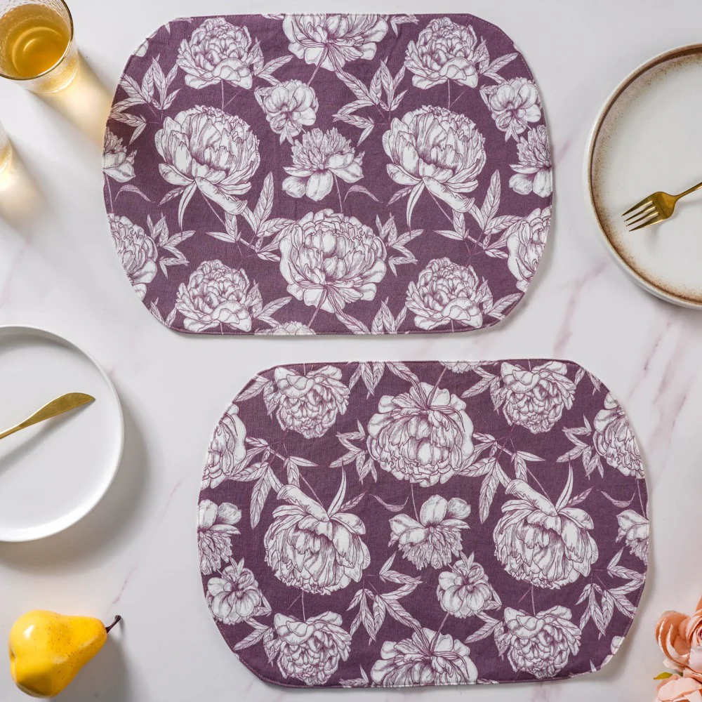 Peony Purple Printed Cotton Table Mat Set Of 2 - Image 2