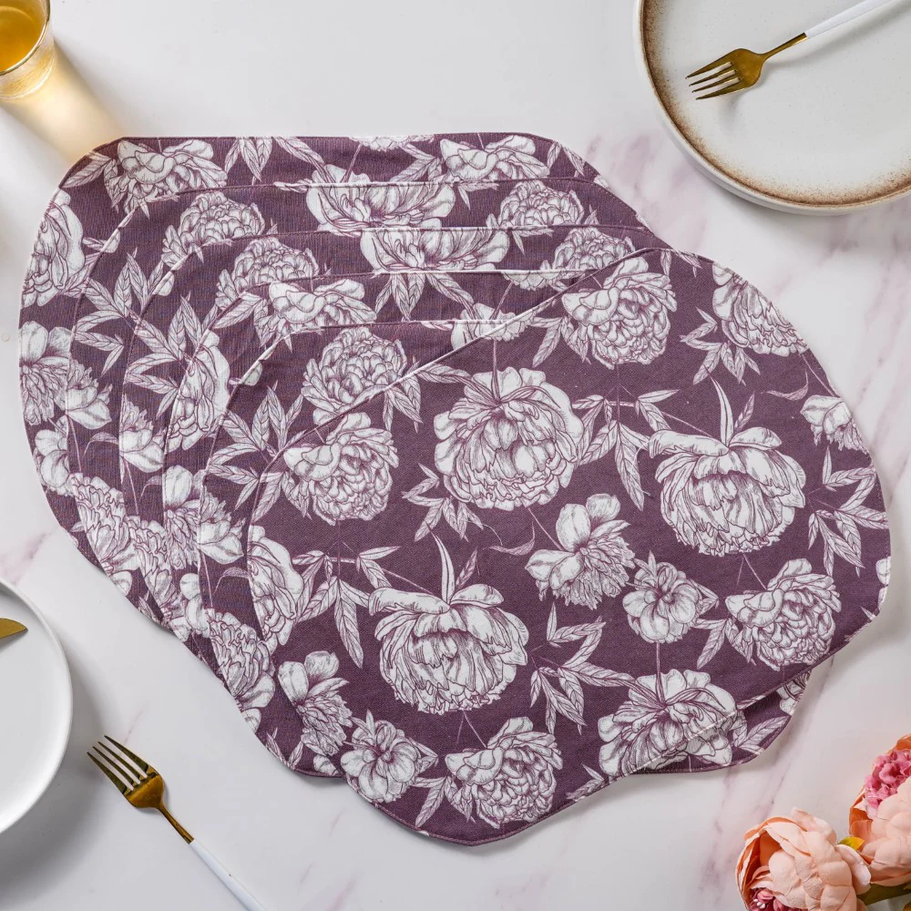 Peony Purple Printed Cotton Table Mat Set Of 6 - Image 3