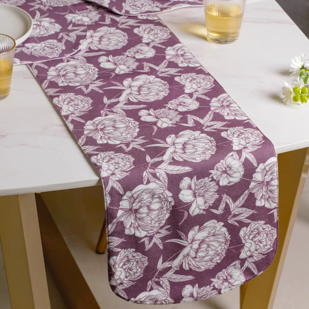 Peony Purple Printed Cotton Table Runner For 6 Seater