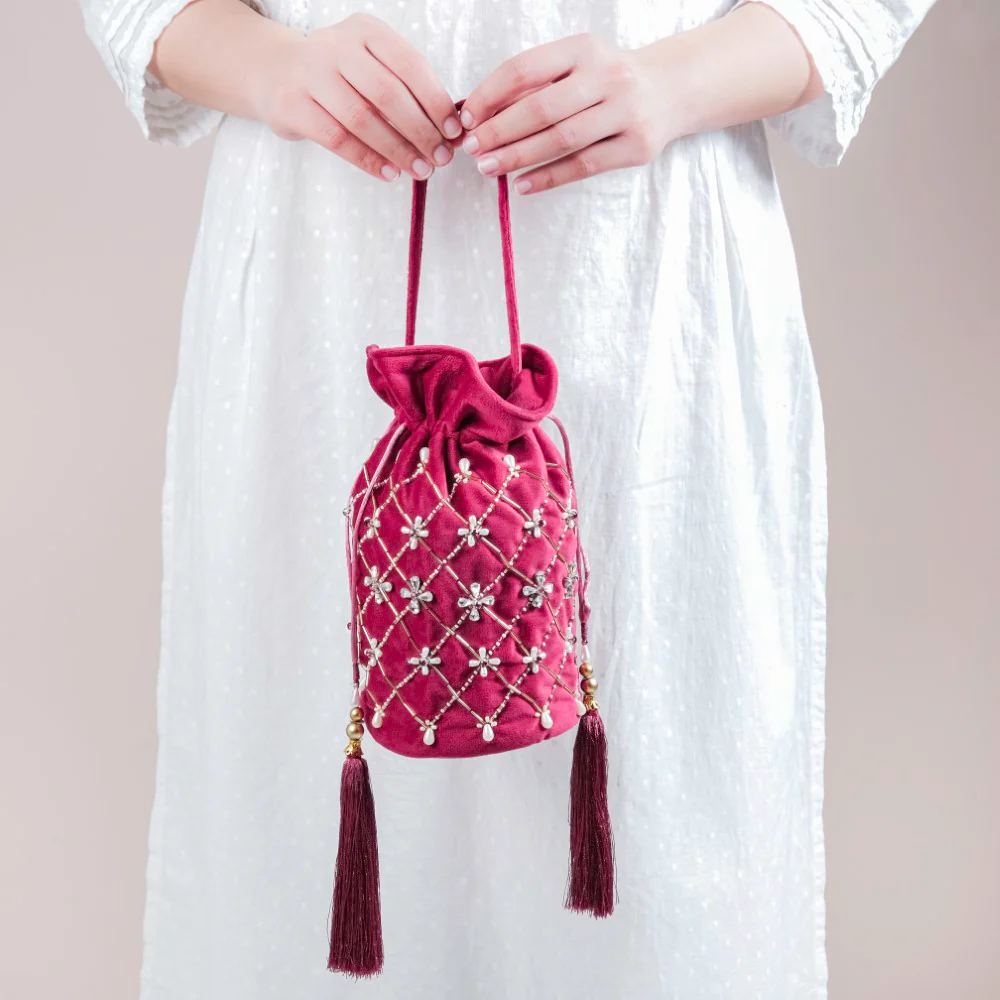 Phulvari Velvet Potli Bag Maroon - Image 2