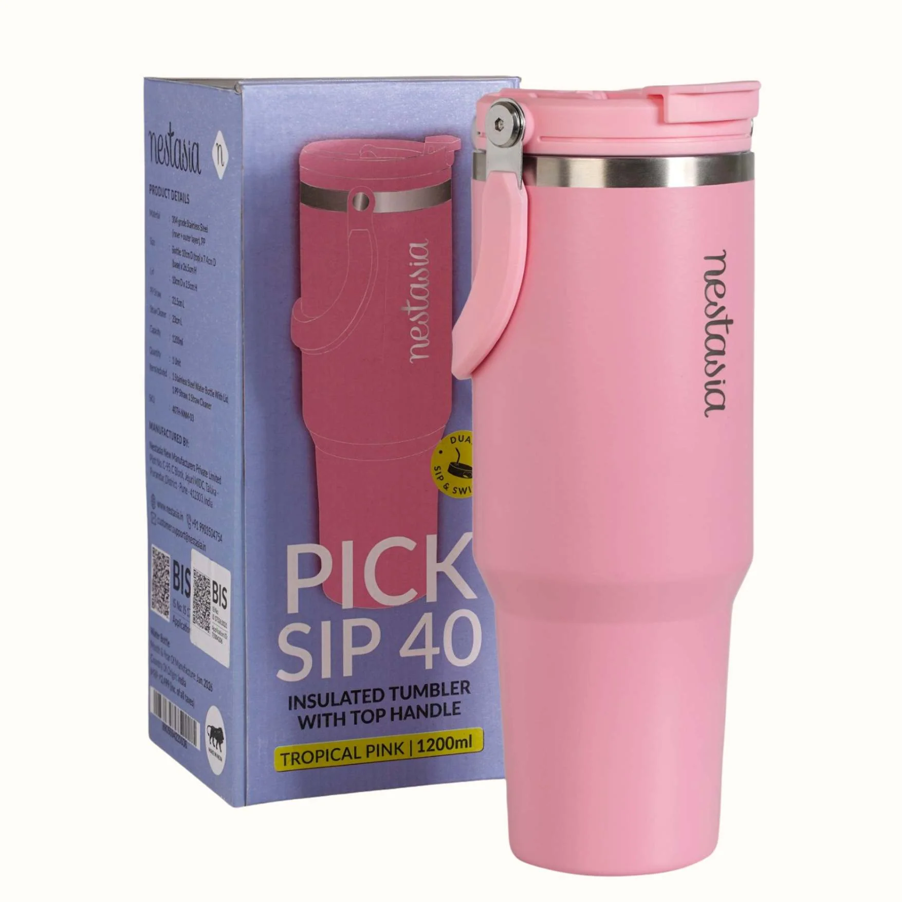 PickSip 40 Insulated Tumbler Bottle With Top Handle Tropical Pink 1200ml - Image 9