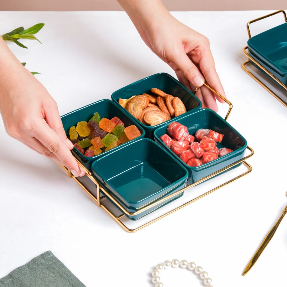 Pine Green Glossy Ceramic Bowls And Tray Set Of 5 200ml - Image 2