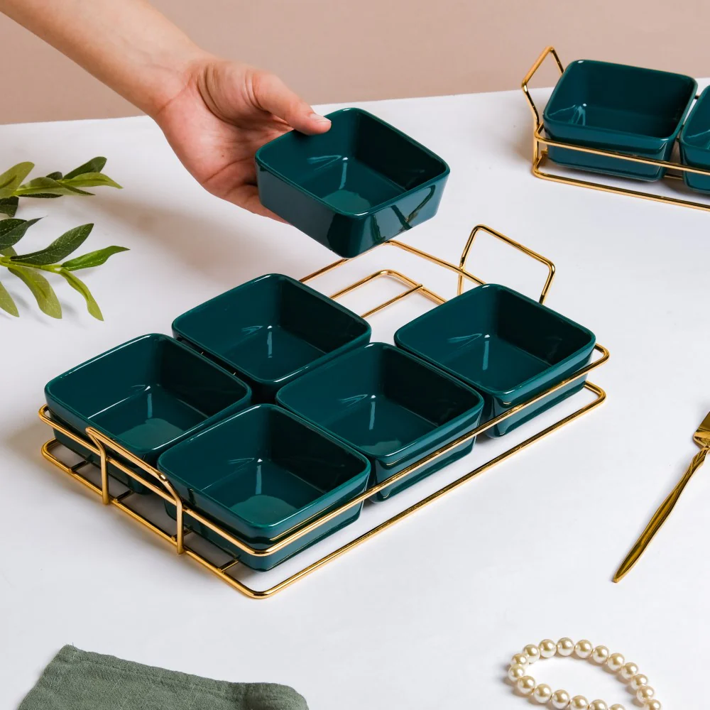 Pine Green Glossy Ceramic Bowls And Tray Set Of 7 200ml - Image 5