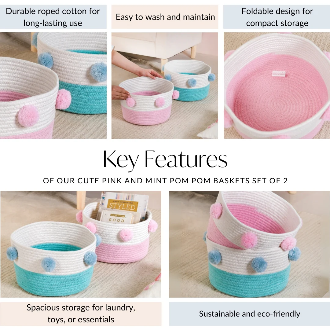 Pink And Mint Pom Pom Basket Set Of 2 18cm - Image 5