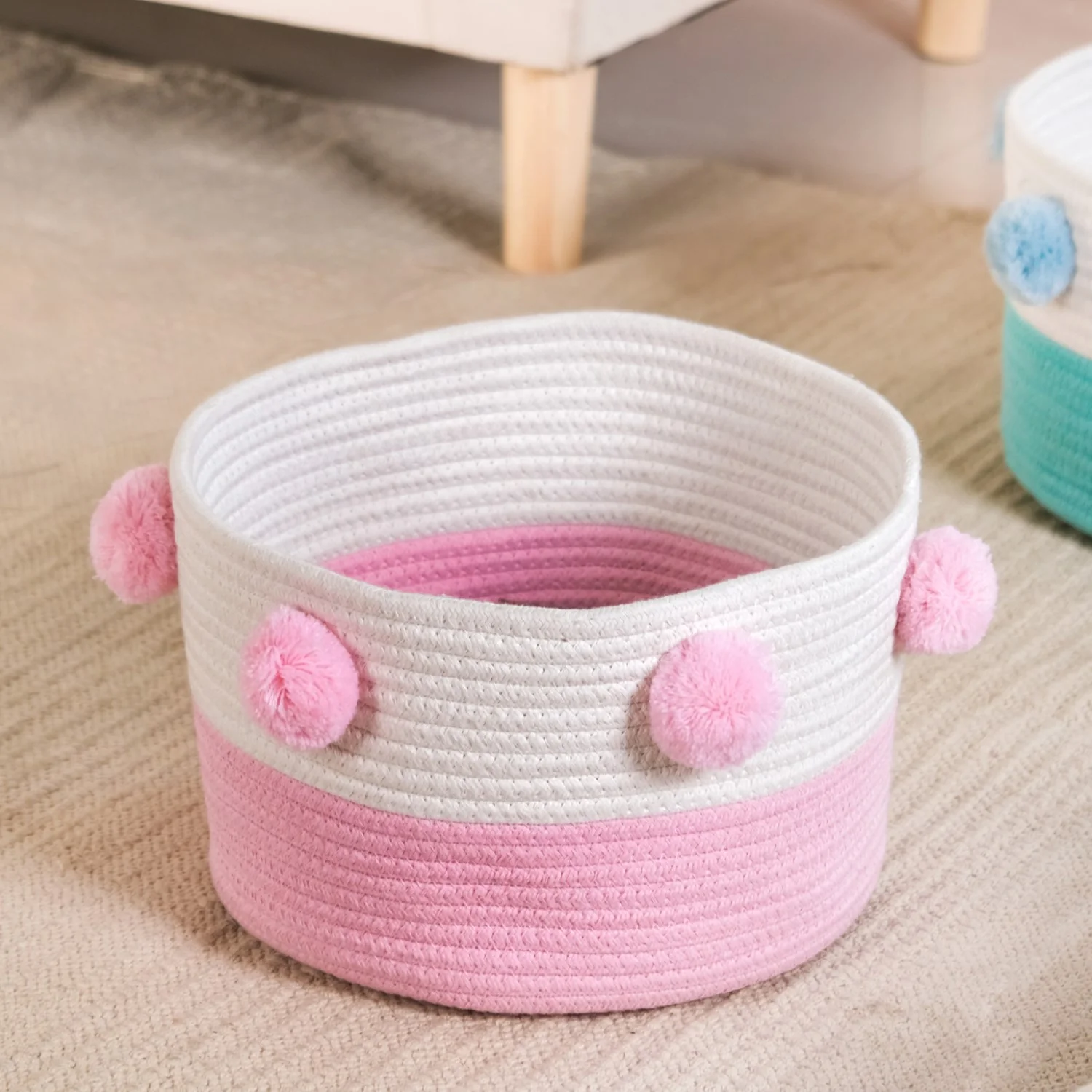 Pink And Mint Pom Pom Basket Set Of 2 18cm - Image 7