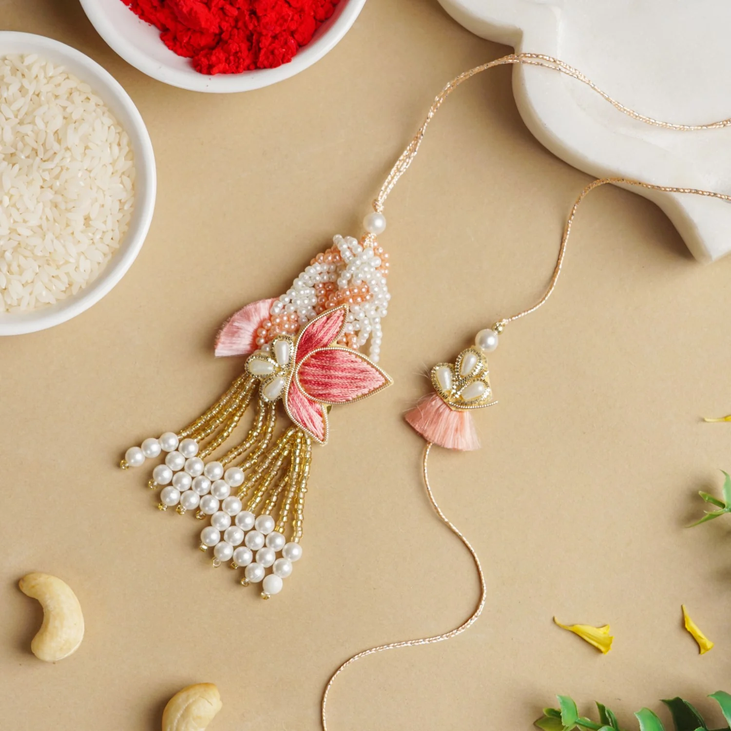 Pink Beads Rakhi And Lumba Set For Couples - Image 4
