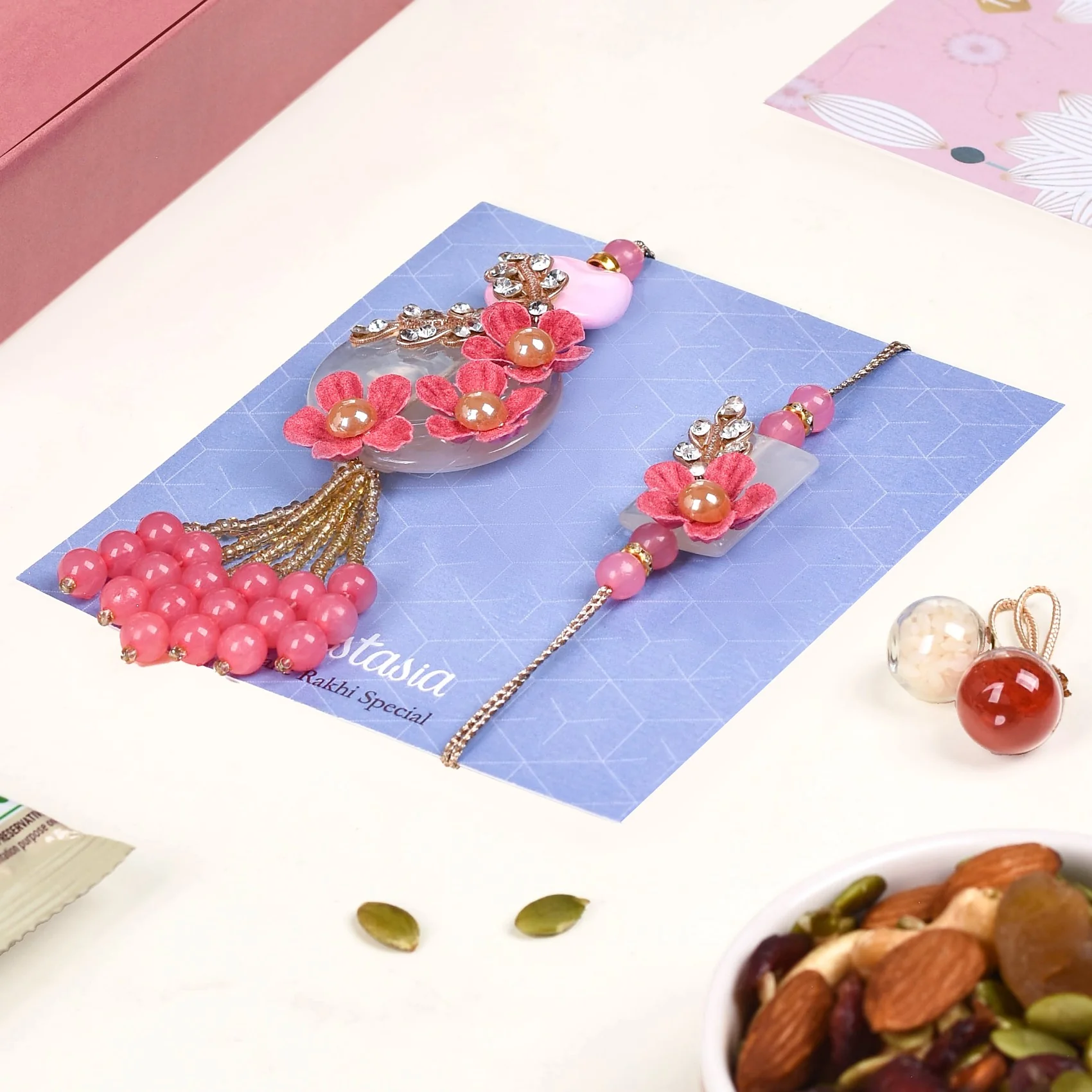Pink Bloom Rakhi Lumba Gift Set Of 4 With Box And Card - Image 2