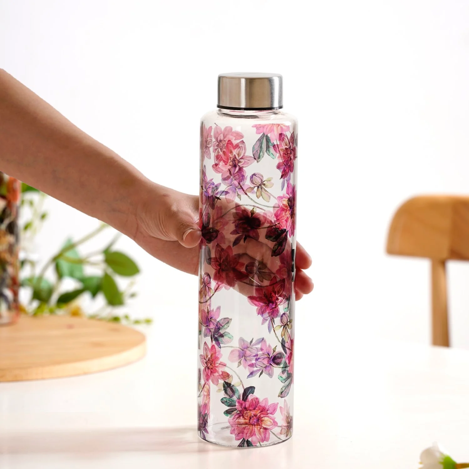 Pink Lotus Borosilicate Glass Leakproof Water Bottle 1000ml - Image 2