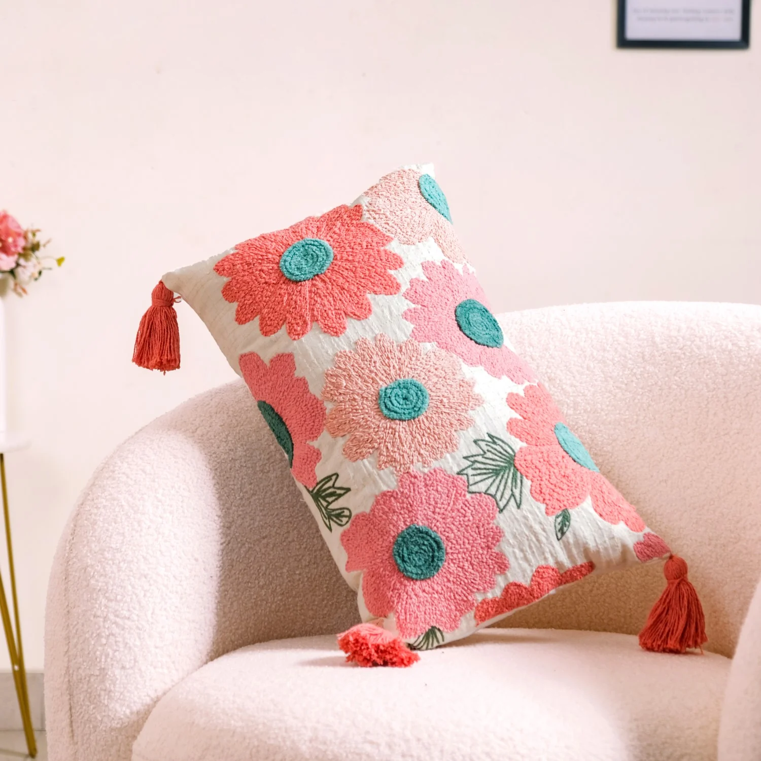 Pink Lumbar Throw Cushion Cover With Tassels 20x12 Inch - Image 2