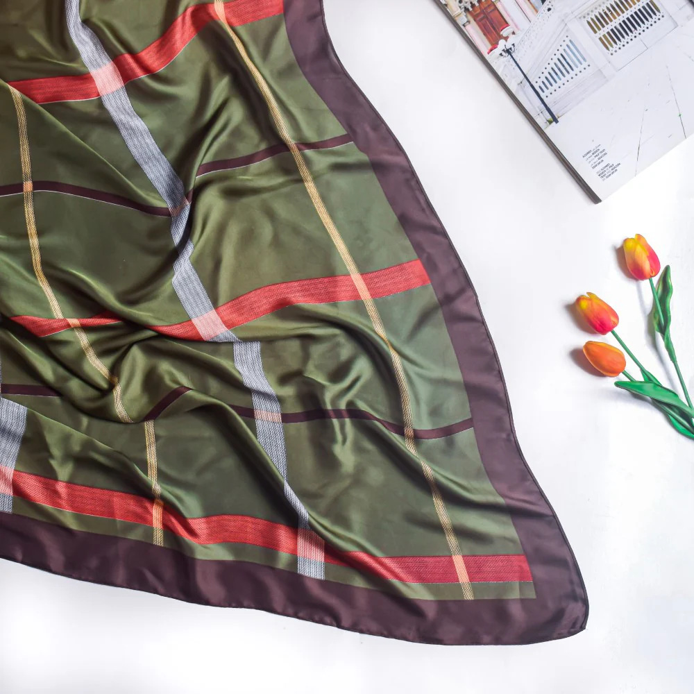 Plaid Long Silk Scarf Green - Image 2