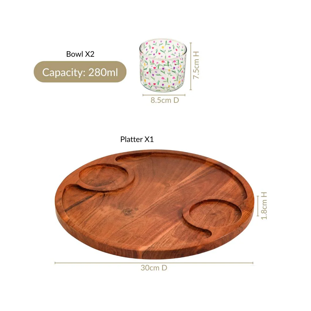 Platterazzi Round Acacia Platter Tray With Floral Bowl Set Of 3 - Image 3