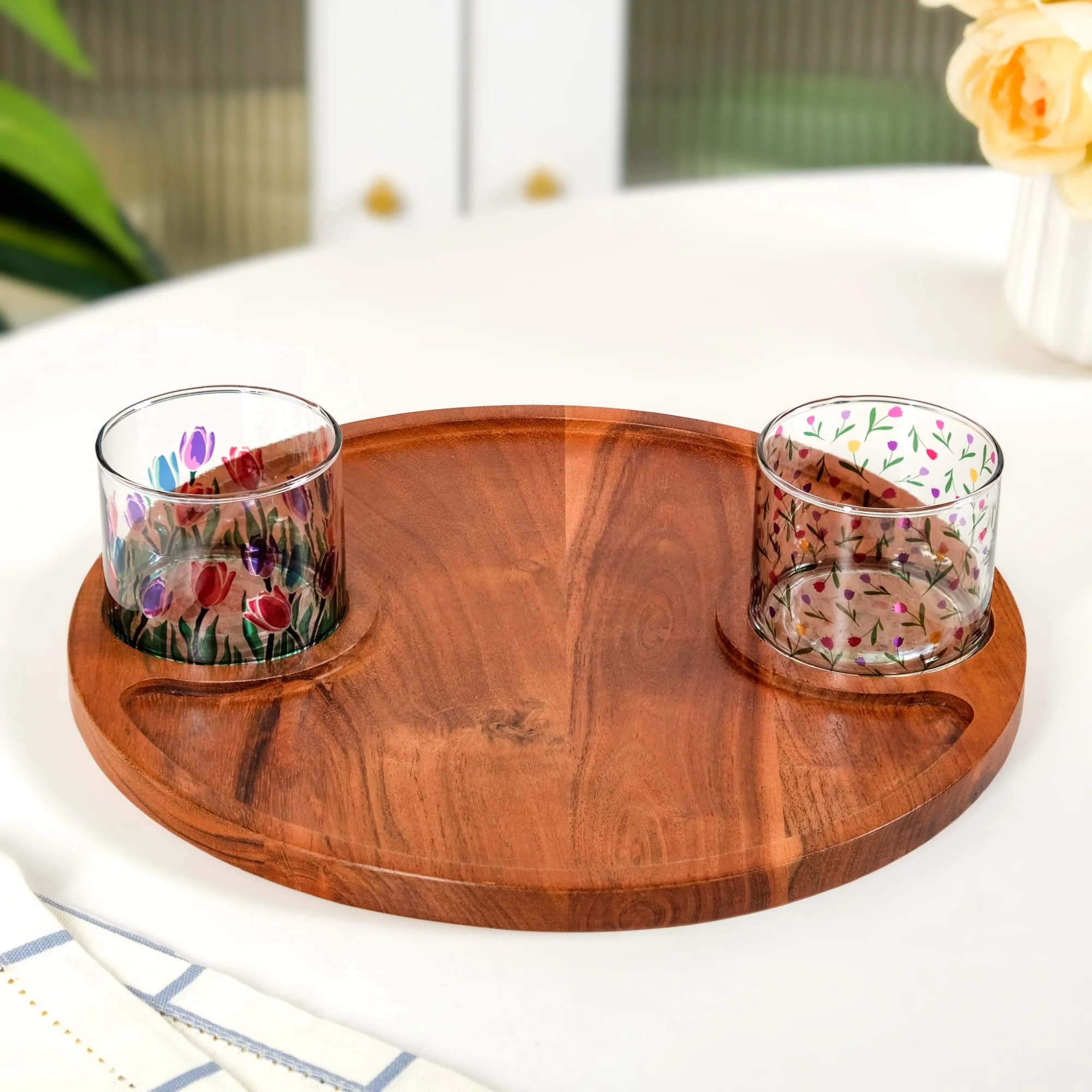 Platterazzi Round Acacia Platter Tray With Floral Bowl Set Of 3 - Image 5