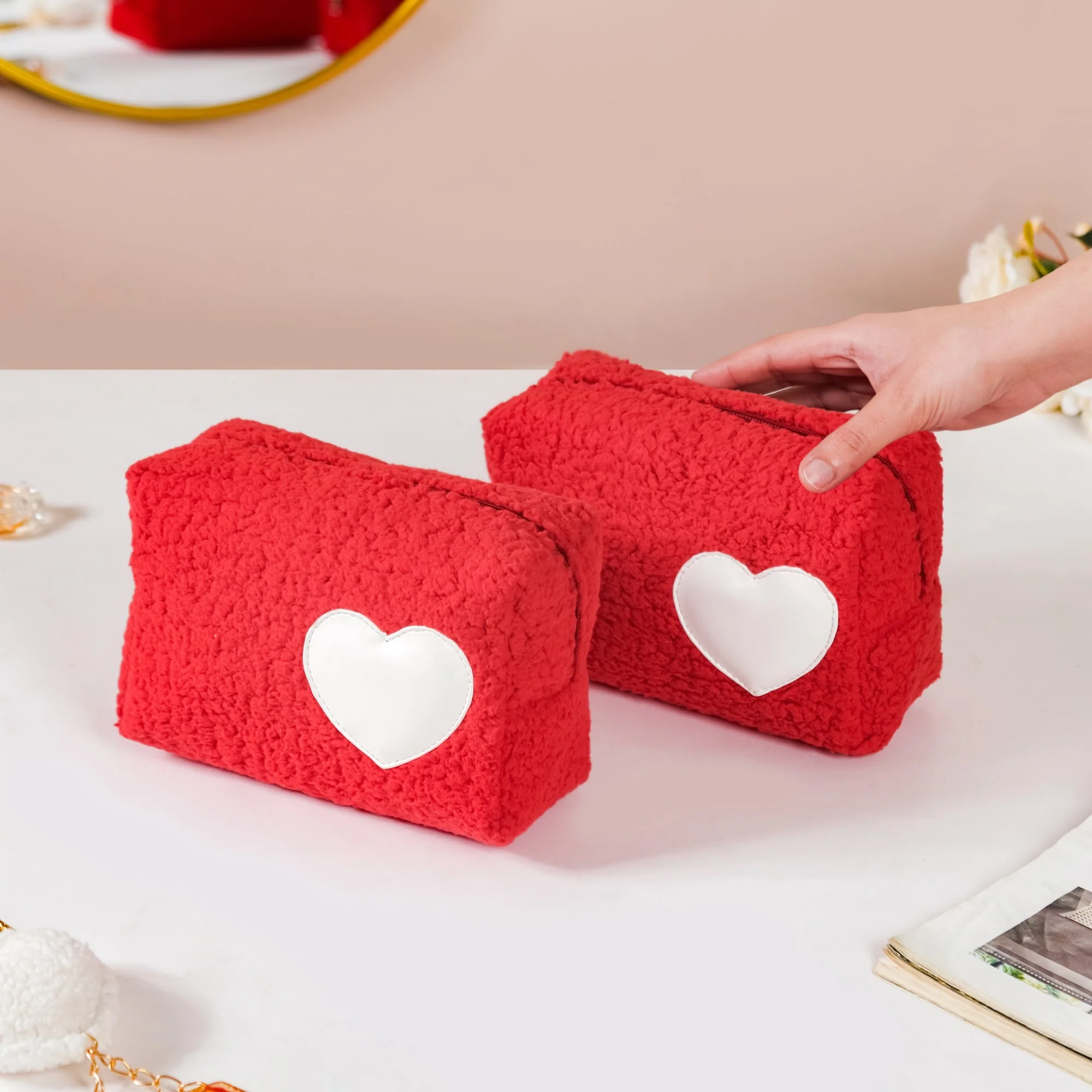 Plushy Makeup Bag Set Of 2 Red - Image 3