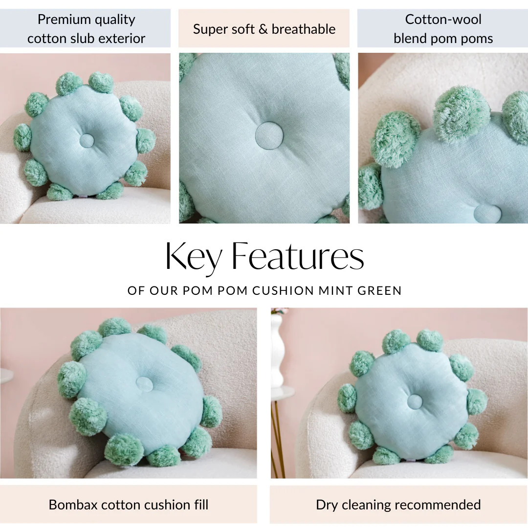 Pom Pom Round Cushion Mint Green 17 Inch - Image 5