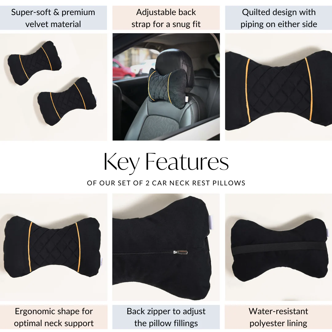 Premium Quilted Car Neck Rest Pillow Set Of 2 Black - Image 5