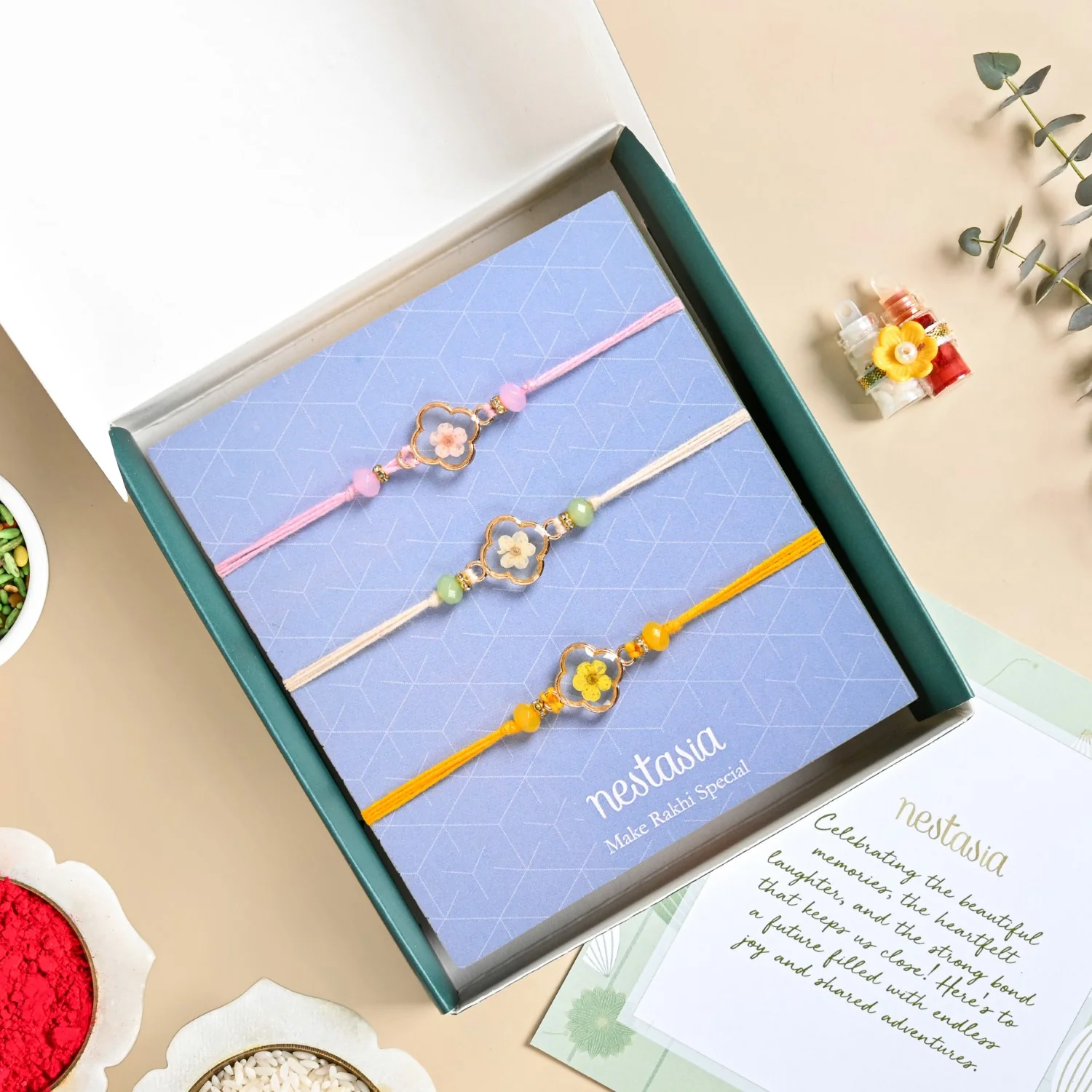 Pressed Petal Trio Rakhi Gift Set - Image 5