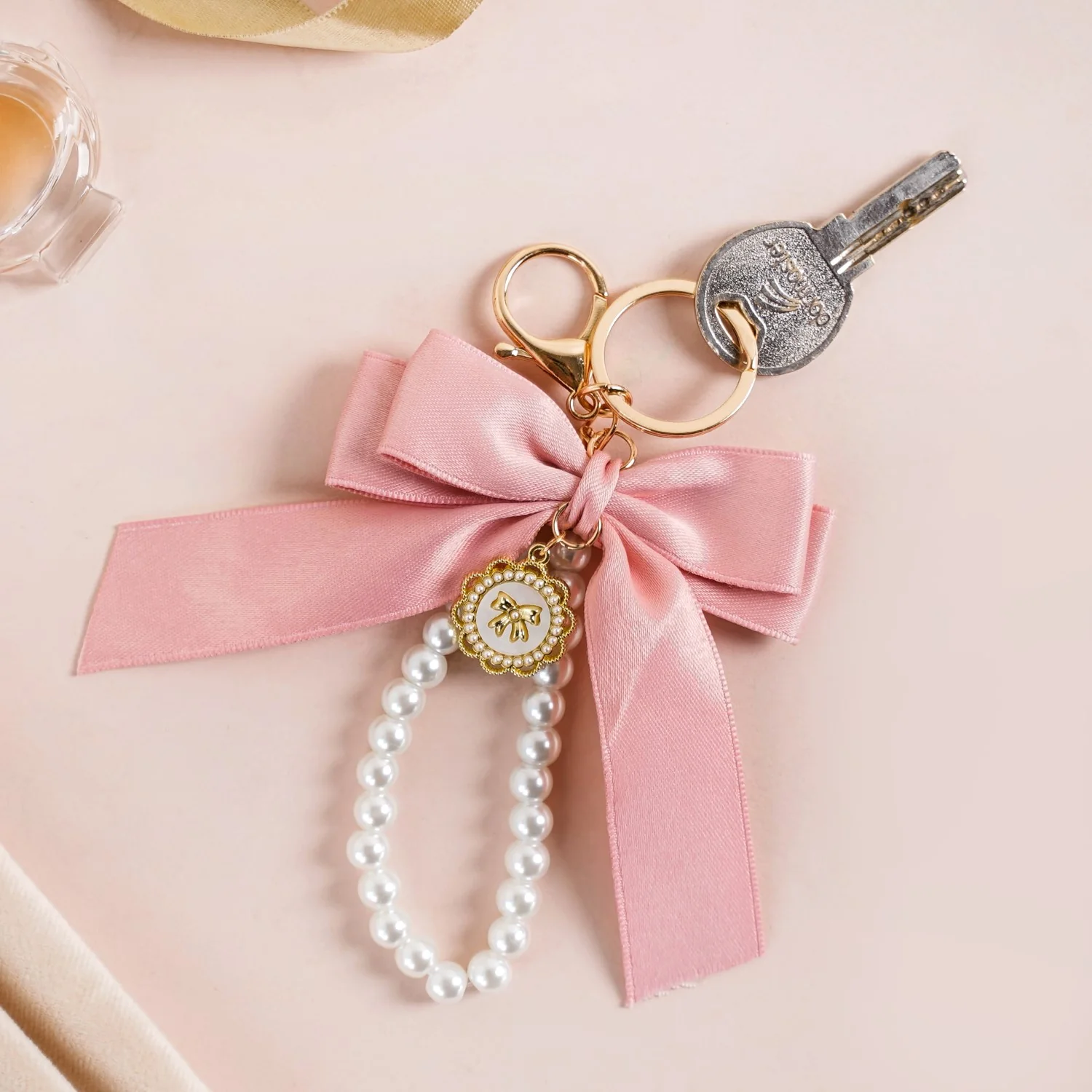 Pretty In Pink Cute Bow And Pearls Keychain - Image 3