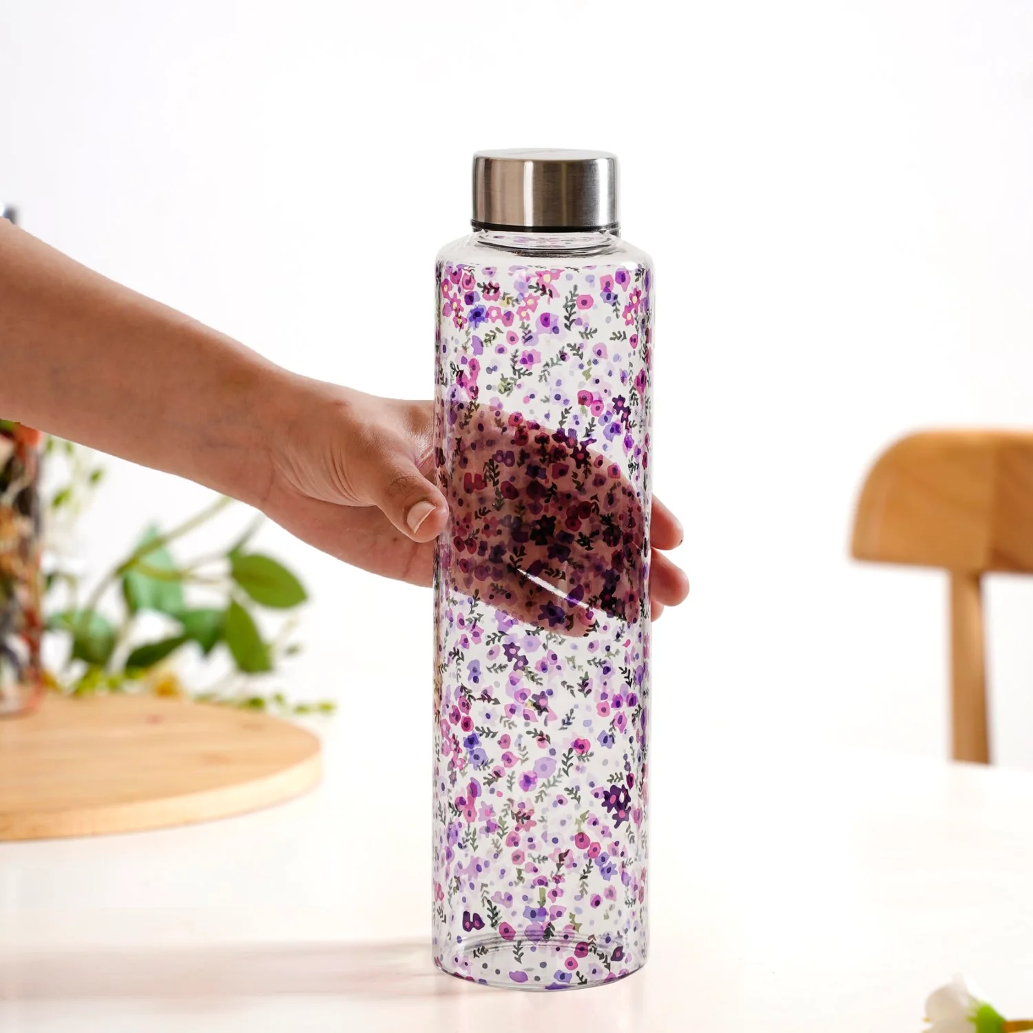 Purple Daisy Leakproof Borosilicate Glass Water Bottle With Lid 1000ml - Image 2