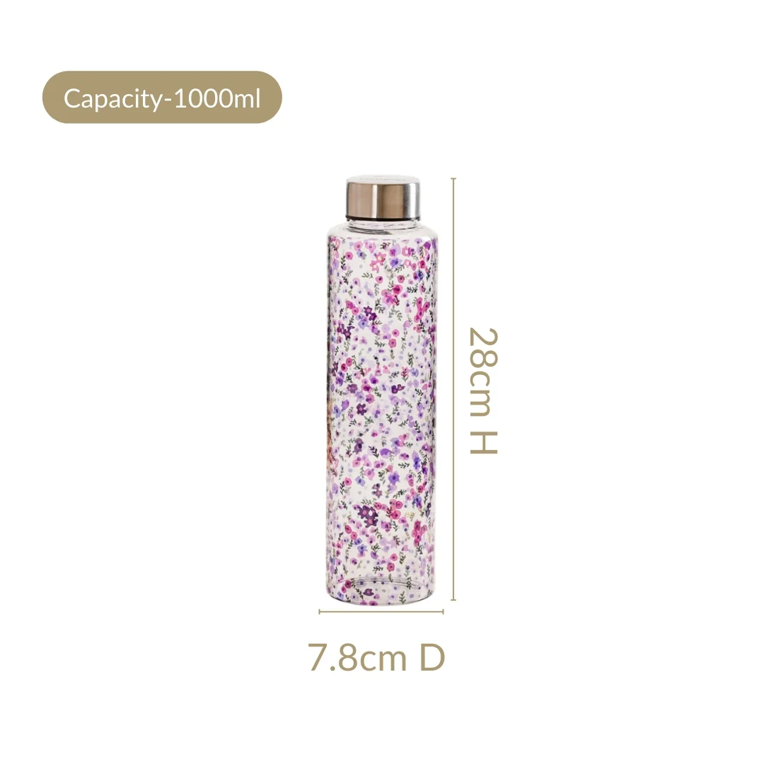 Purple Daisy Leakproof Borosilicate Glass Water Bottle With Lid 1000ml - Image 4