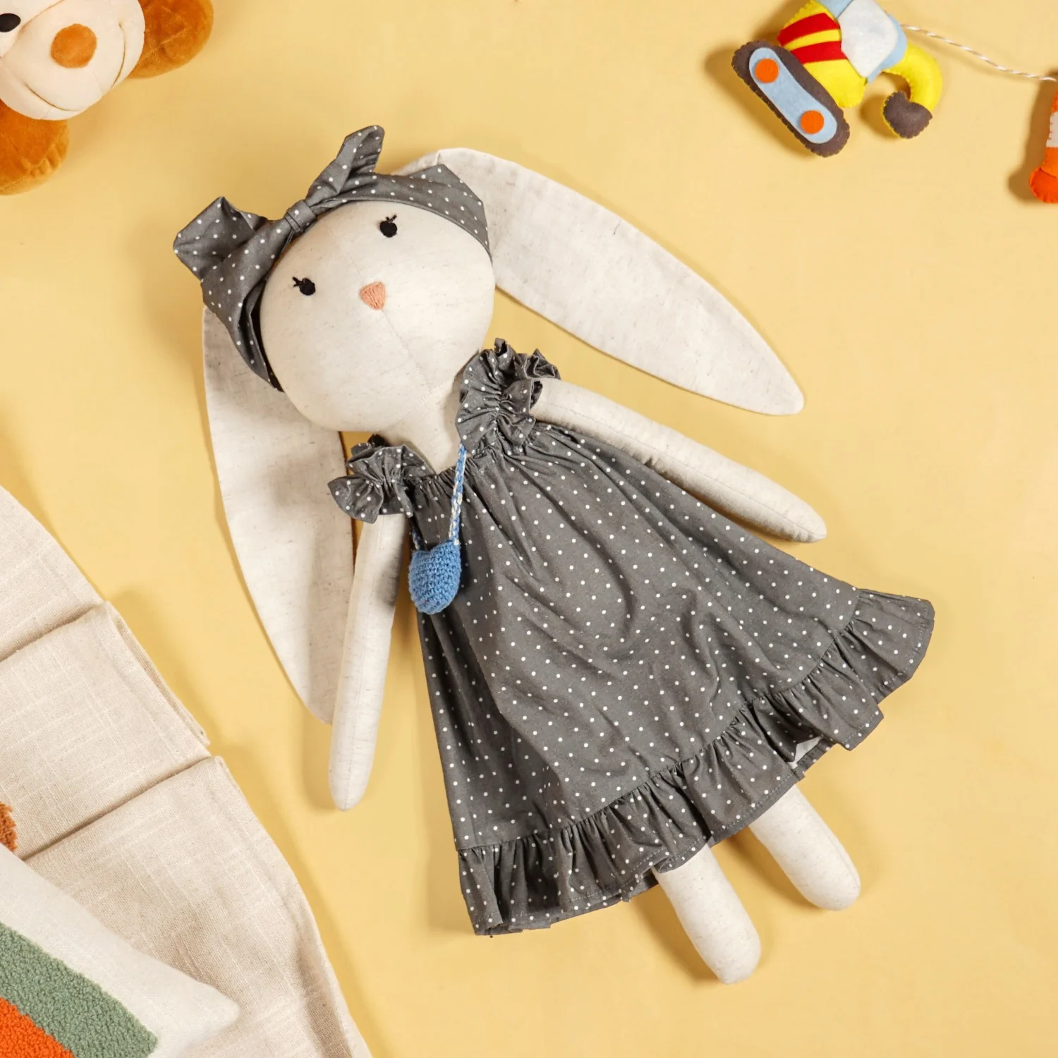 Rabbit Plushie Soft Toy With Blue Satchel For Kids