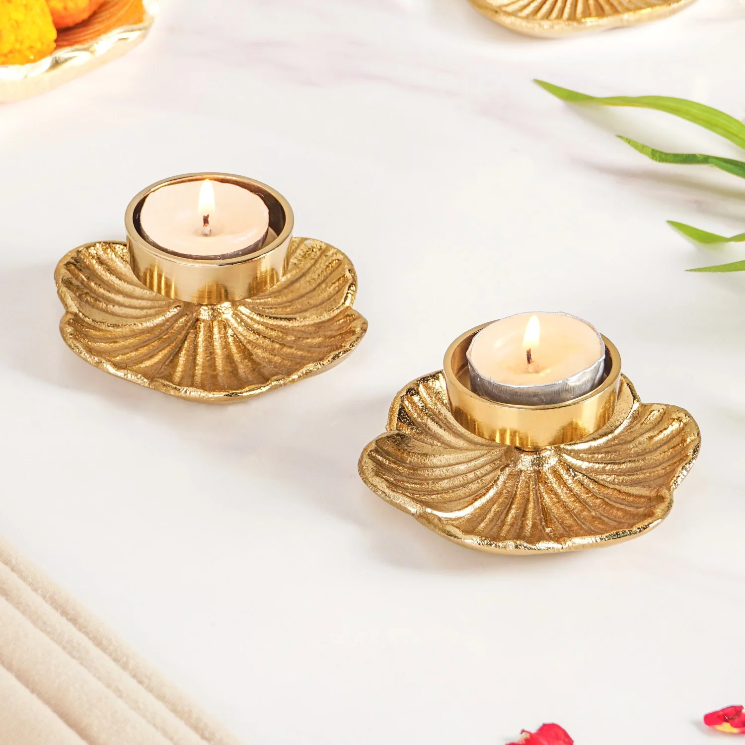 Radiant Bloom Aluminium Tealight Holder Set Of 2 In Festive Gift Box