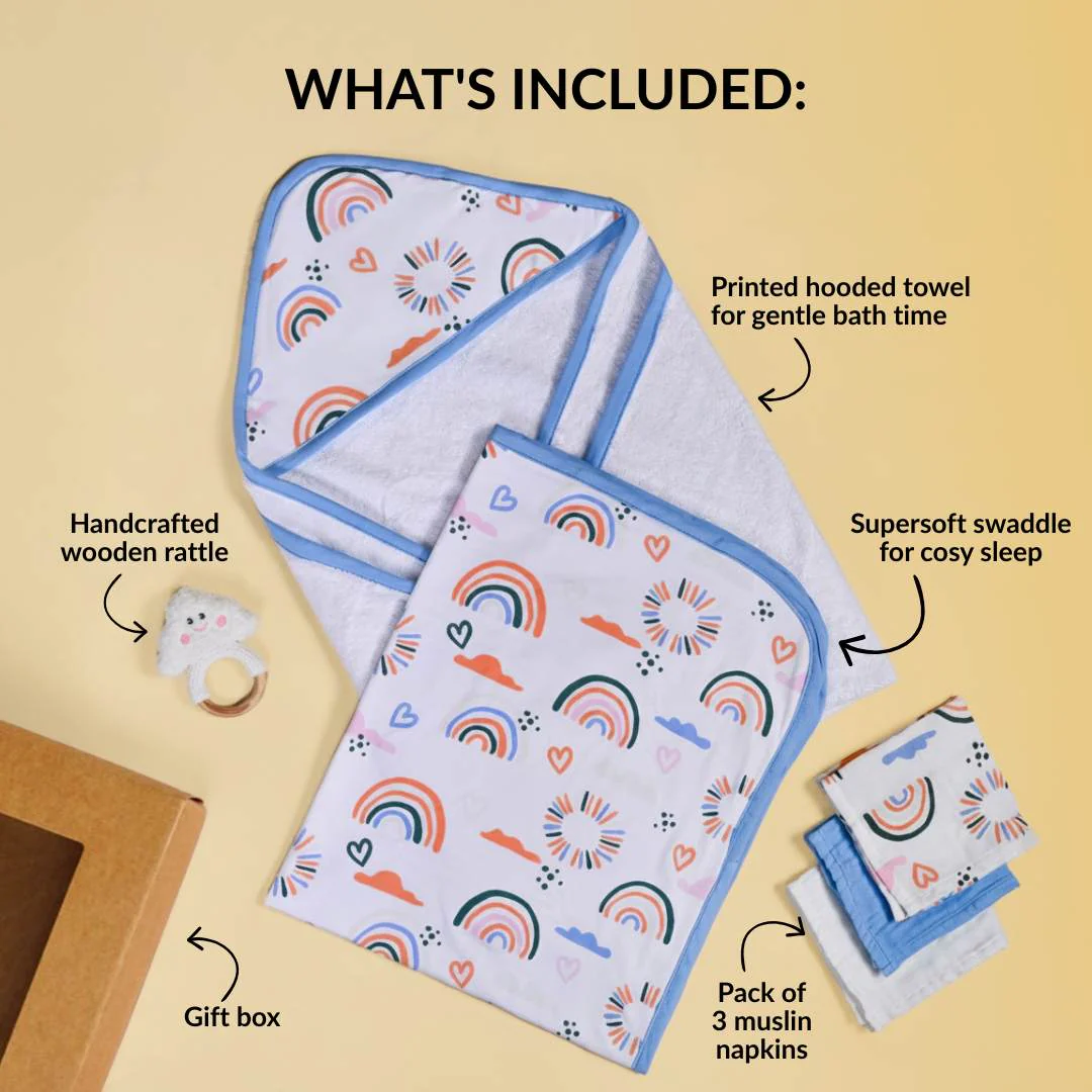 Rainbow Toddler Gift Hamper With Swaddle Towel Napkin Rattle Set Of 6 - Image 3