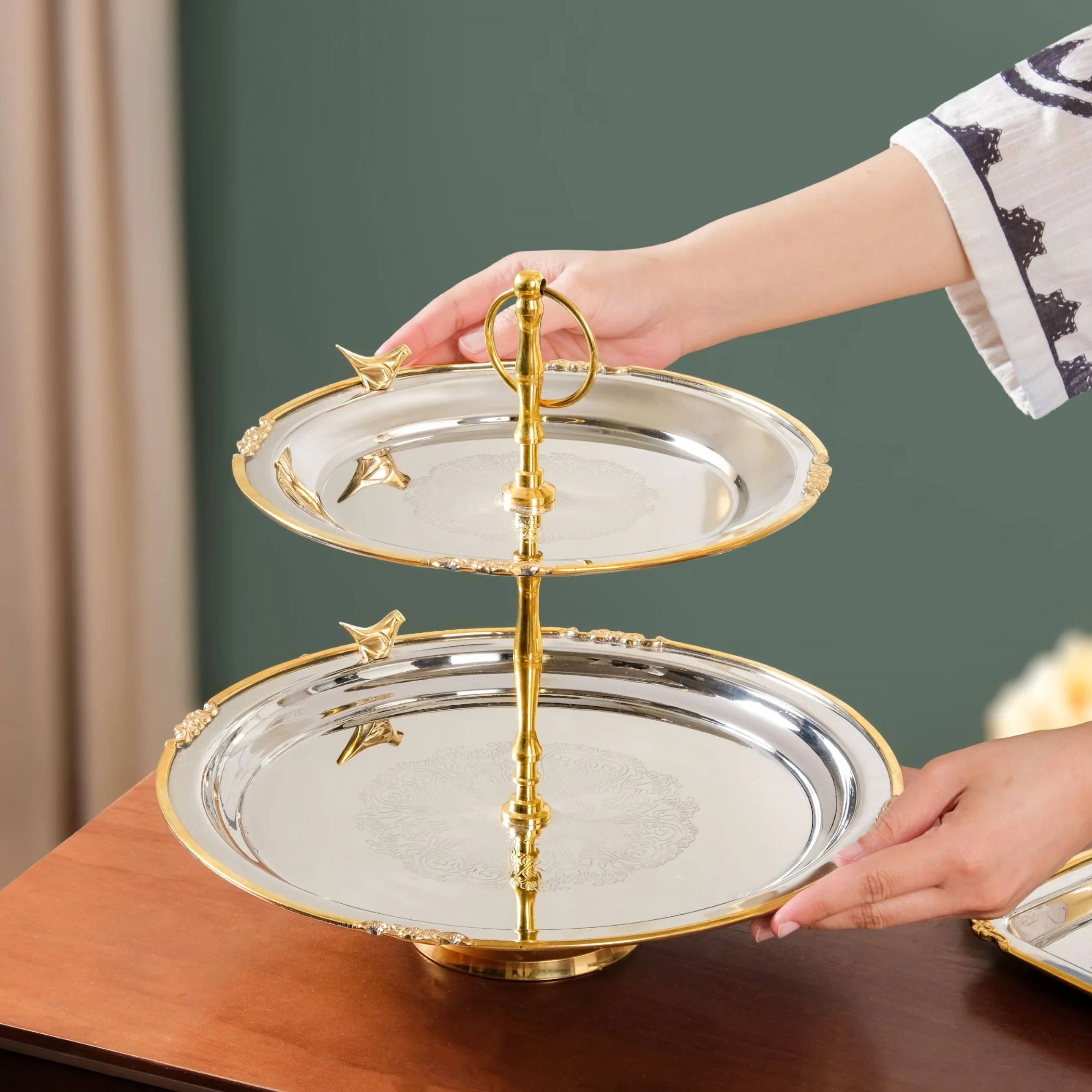 Regal Two Tier Brass And Stainless Steel Bird Cupcake Stand - Image 3