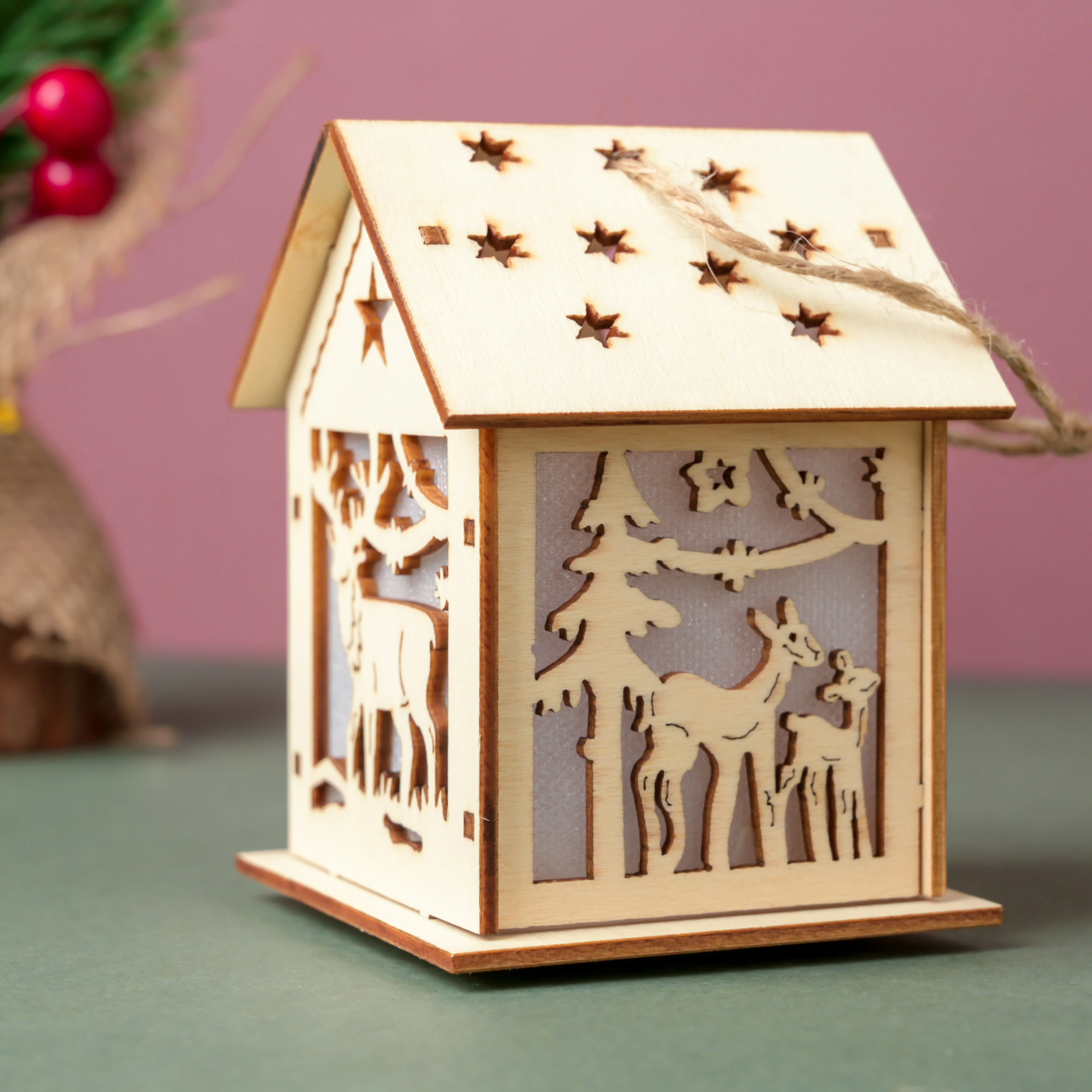 Reindeer Wooden House DIY LED Christmas Decor Hanging - Image 4