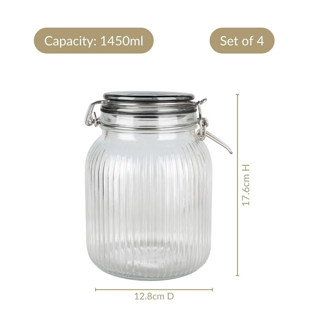 Ribbed Glass Jar With Cliplock Lid Set Of 4 1450ml - Image 4