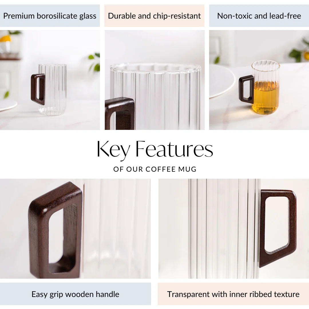 Ribbed Large Glass Mug With Wooden Handle 500ml - Image 4