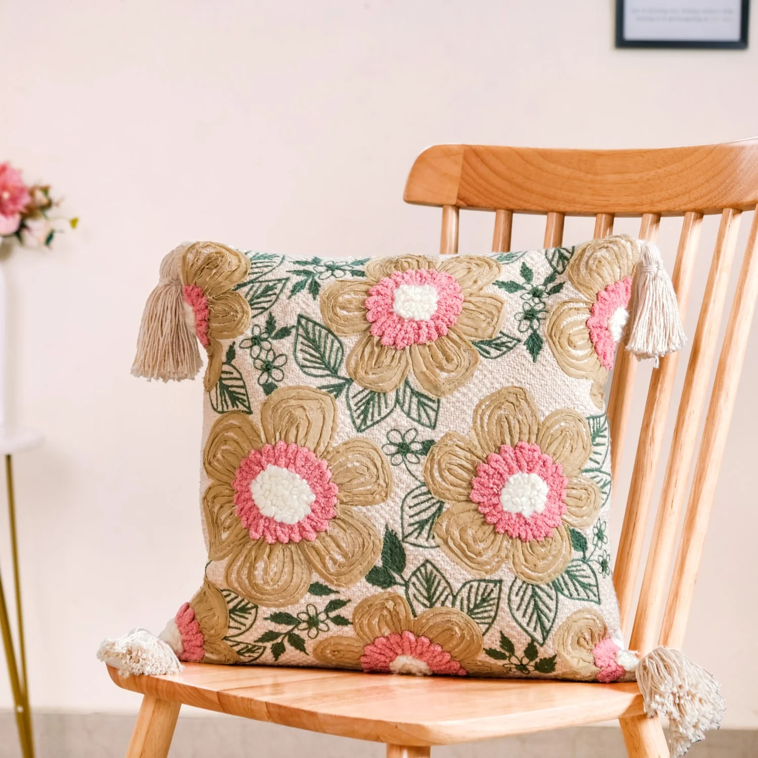 Ribbon And Punch Needle Embroidery Cushion Case 16x16 Inch